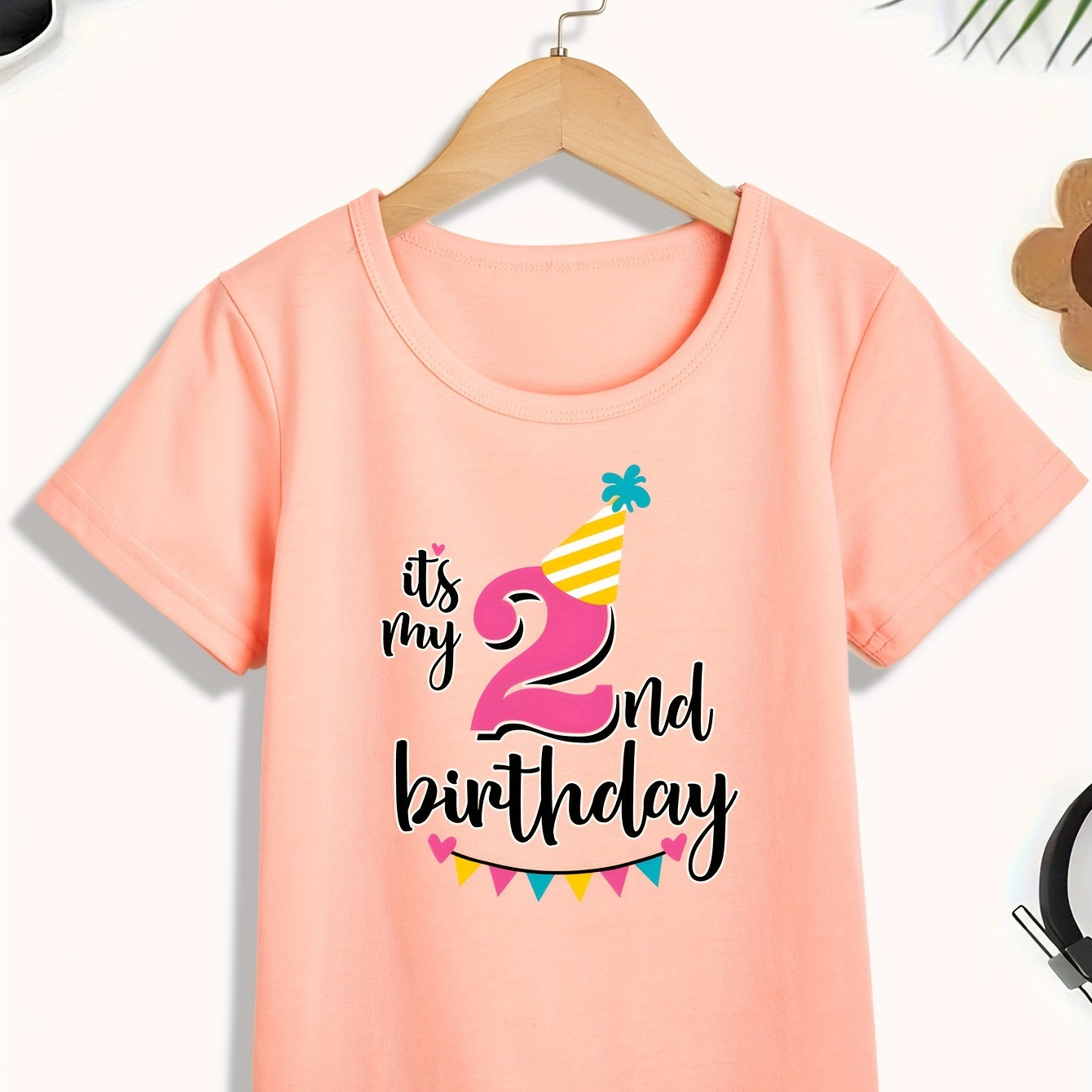 

Birthday "it's My 2nd Birthday" Letter Print Creative T-shirts, Soft & Elastic Comfy Crew Neck Short Sleeve Tee, Girl's Summer Tops