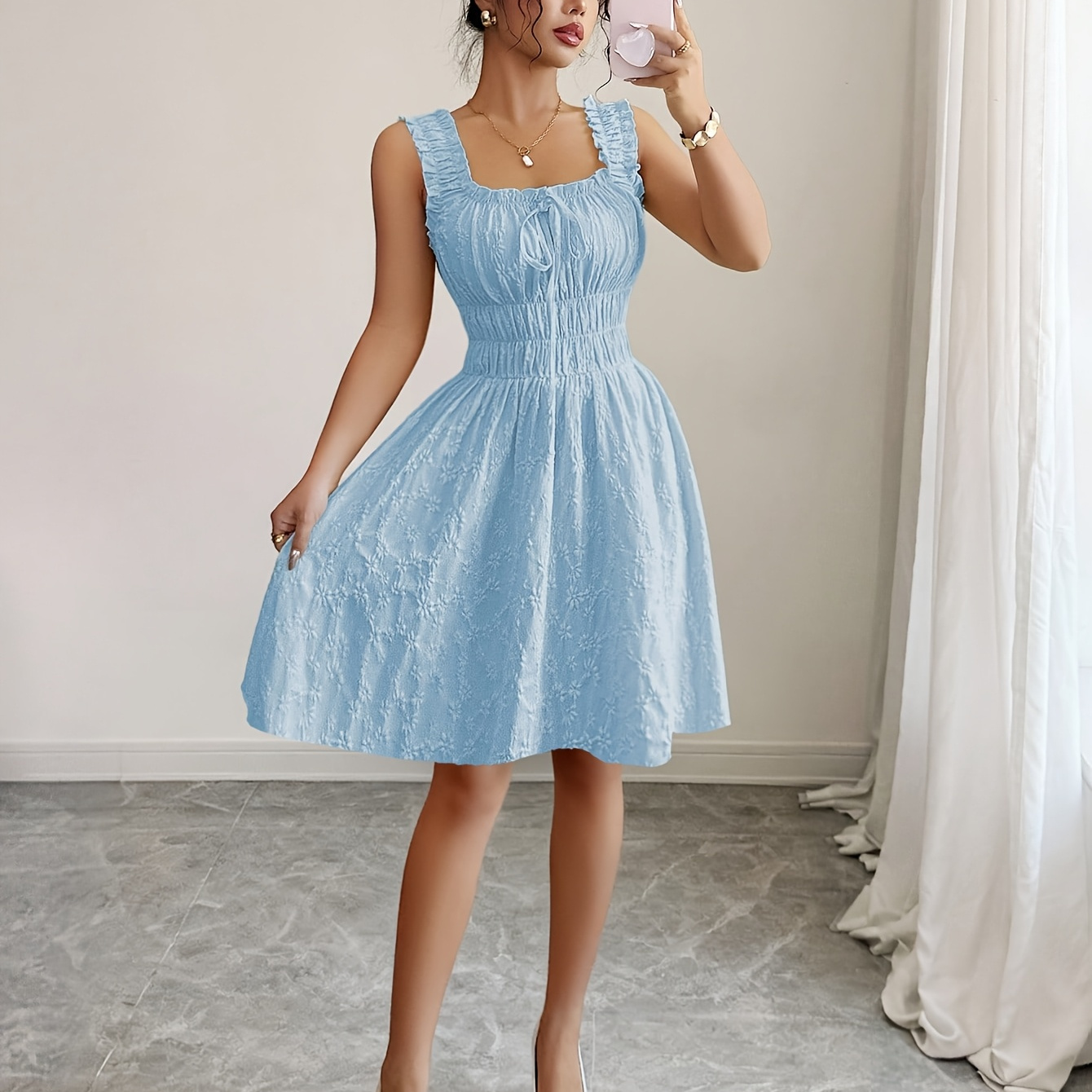 Maxi Dress Amazon Short Summer Dresses Elegant Textured Floral Fabric  Square Neck Sleeveless Dress With A-Line Short Dress Spring/Summer