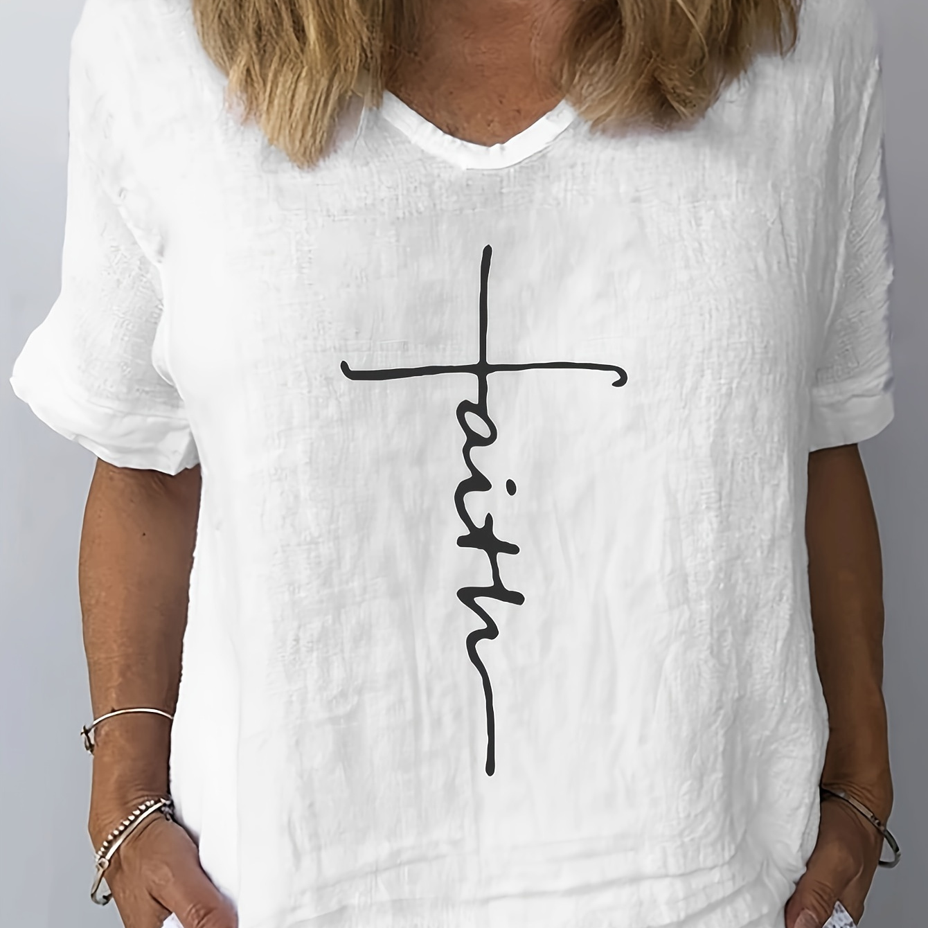 

Faith Print T-shirt, Short Sleeve V Neck Casual Top For Summer & Spring, Women's Clothing