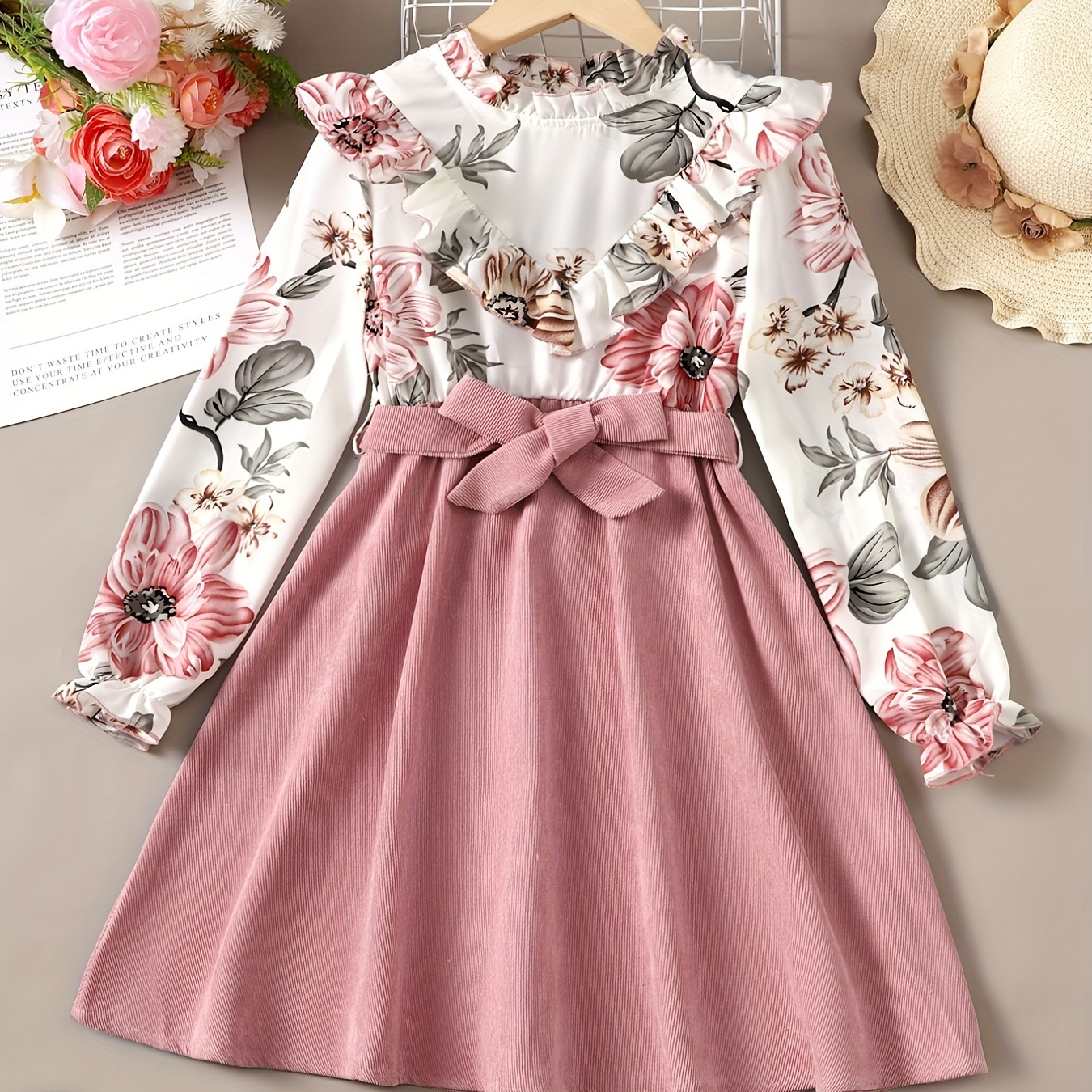

Girl's Boho Floral Ruffle Collar Long Sleeve Dress For Party Going Out, Kid's Dresses Gift Idea