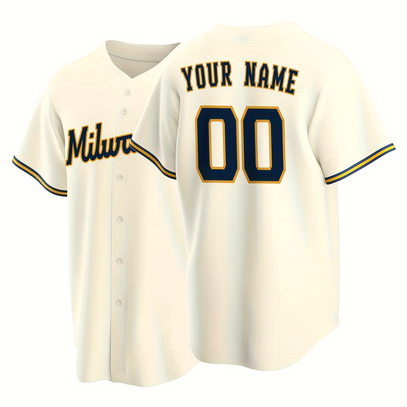 

Classic Style Men's Customized Name And Number, Contrast Color Embroidery V-neck Button Up Baseball Jersey, Summer Tops For Sports And Daily Outerwear