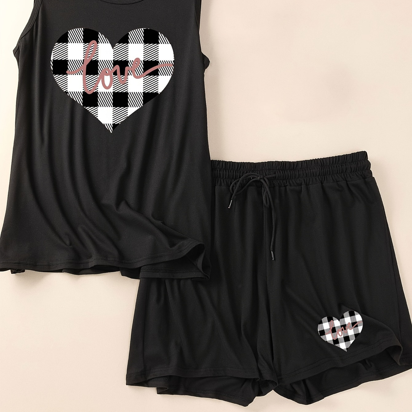 

Women's Valentine's Day Casual Loungewear Set, Plus Size Grid Heart Print Tank Top & Drawstring Shorts Pajamas 2 Piece Set