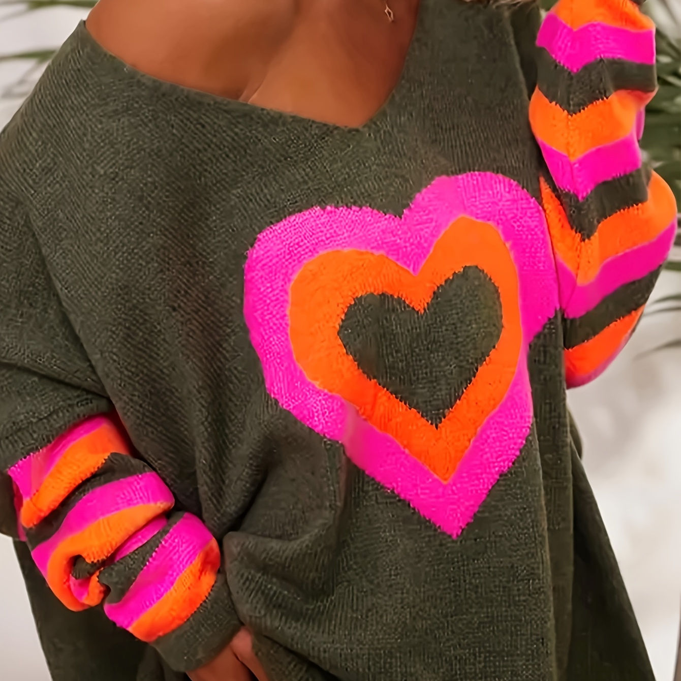 

Chic Heart-shaped V-neck Sweater - Cozy Knit Long Sleeve Top With Ribbed Detail, Casual & Elegant, Viscose/polyester , Non-sheer - All