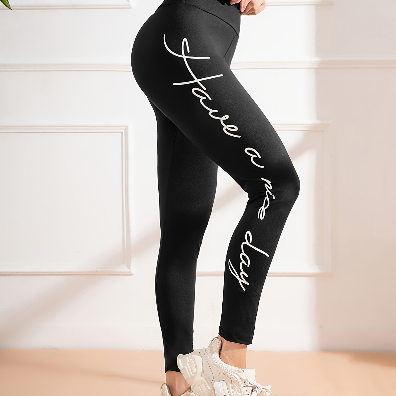 

Letter Print High Waist Leggings, Casual Medium Stretch Skinny Leggings For Spring & Fall, Women's Clothing