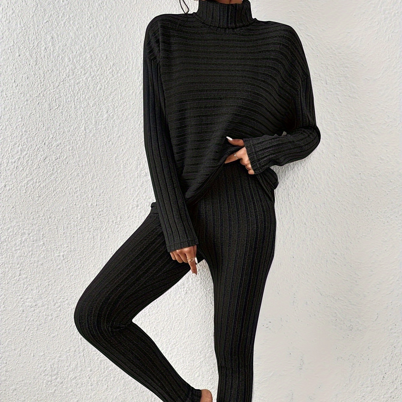 

Ribbed Plain Color Pantsuits, Turtle Neck Long Sleeve T-shirt & Skinny Pants Outfits, Women's Clothing