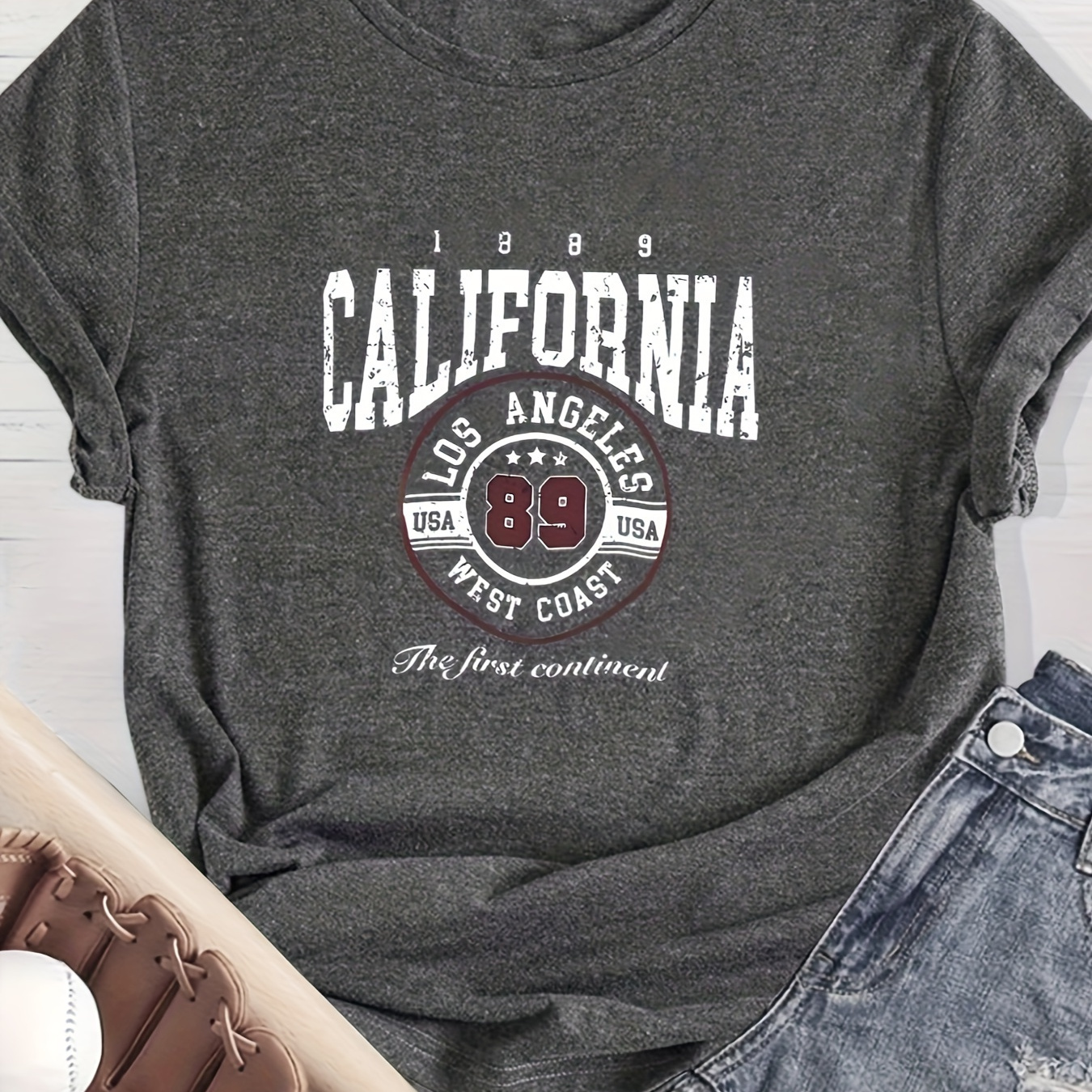 

California Print T-shirt, Short Sleeve Crew Neck Casual Top For Summer & Spring, Women's Clothing