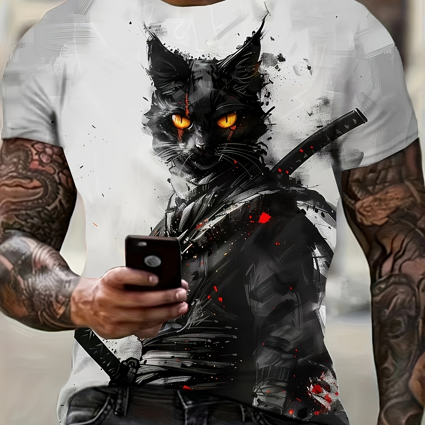 

Fancy Cat Print T-shirt, Men's Casual Comfy Tee For Summer, Men's Short Sleeve Top For Daily Activity