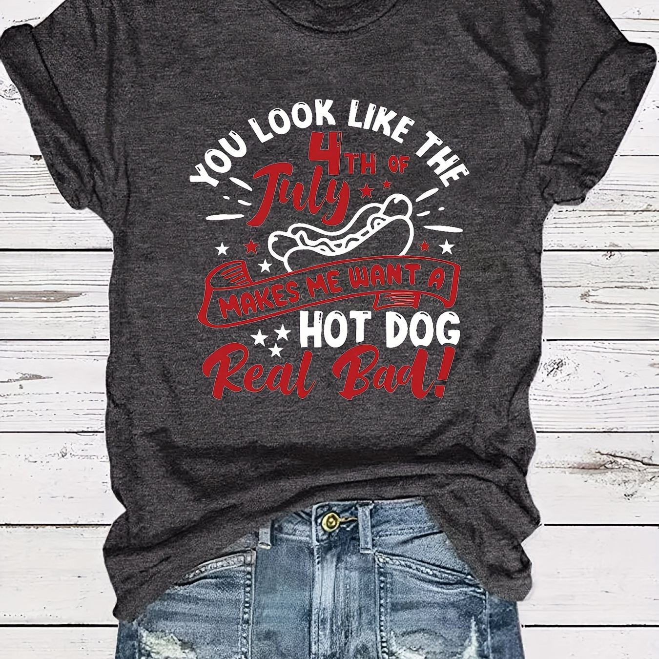 

Hot Dog Print Crew Neck T-shirt, Short Sleeve Casual Top For Spring & Summer, Women's Clothing