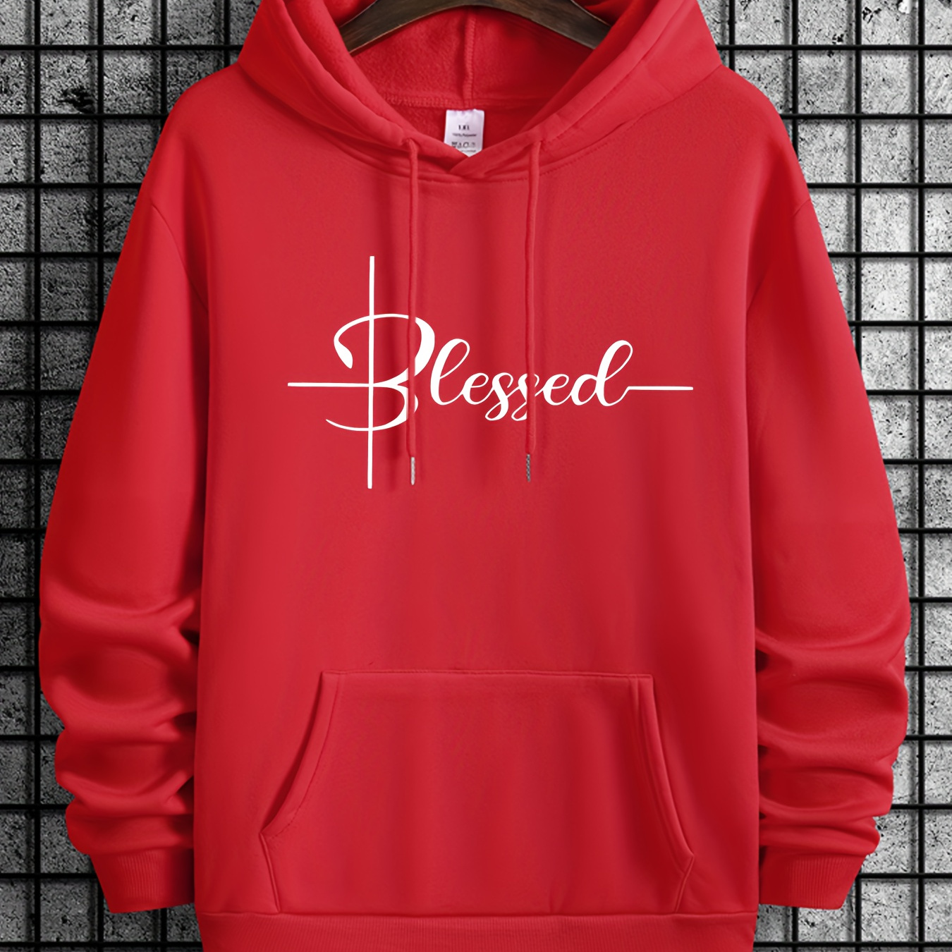 

Plus Size Men's Blessed Print Long Sleeve Hoodies, Warm Drawstring Hooded Sweatshirt, Comfy Clothing For Autumn And Winter