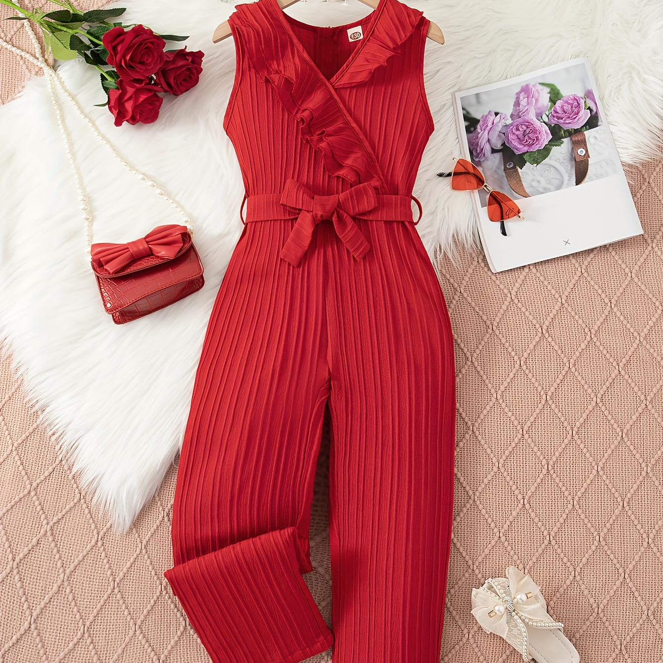 

Girls Versatile Solid Strapped Ruffle Trim Jumpsuit, Casual Sleeveless Romper For Summer Holiday Party Gift