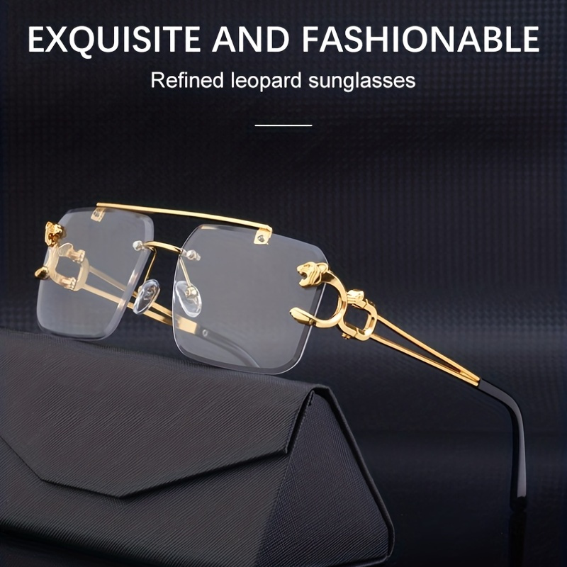 

Rimless Double Bridges Sunglasses, Trendy Square Metal Sunglasses, Golden Leopard Design Temples Sunglasses, For Men Women Outdoor Party Driving Decors, Ideal Choice For Gifts
