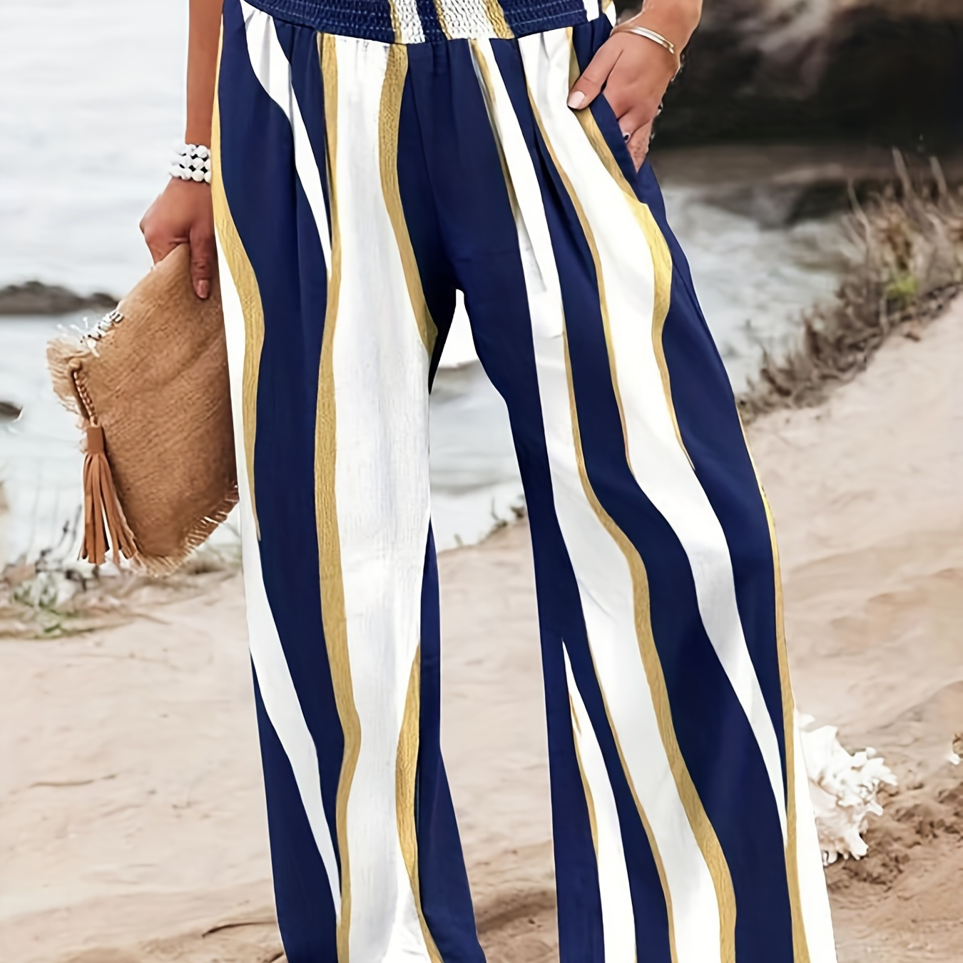 

Wave Print Shirred Waist Pants, Casual Wide Leg Long Length Pants, Women's Clothing