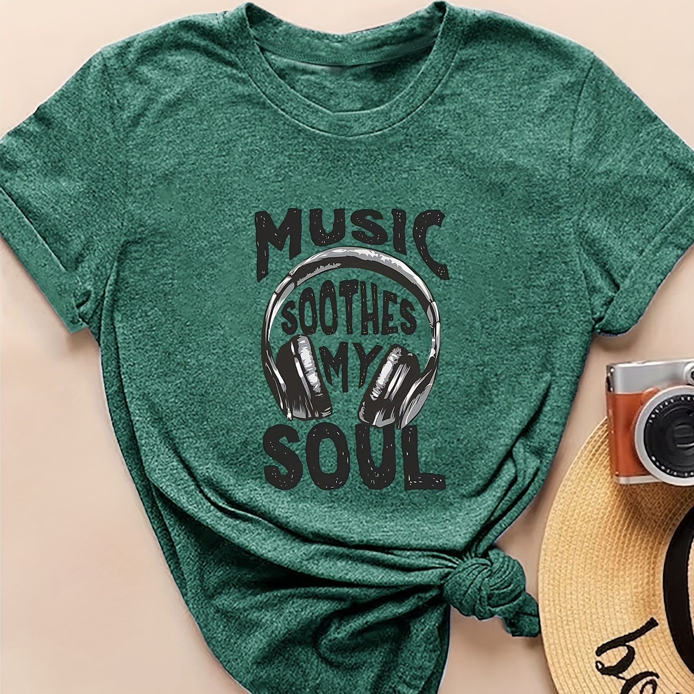 

Headphone & Slogan Print Comfy T-shirt, Round Neck Short Sleeve Sports Tee, Women's Activewear