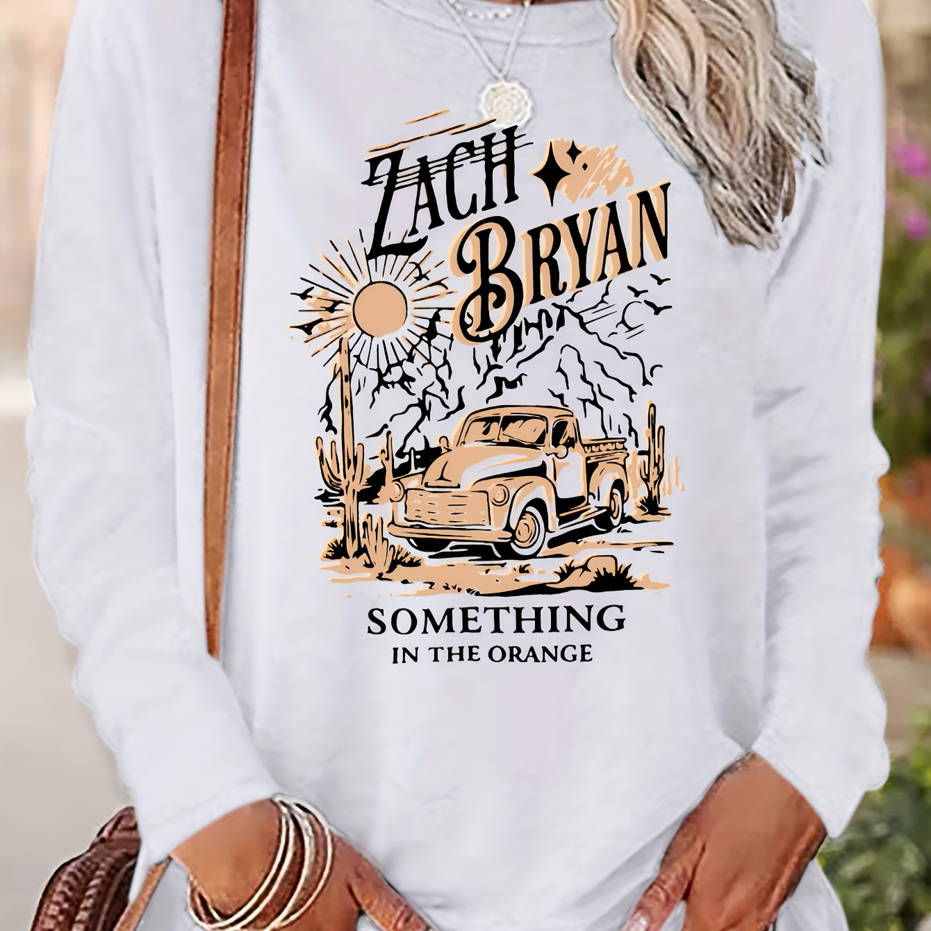 

Zach Bryan Print T-shirt, Casual Crew Neck Long Sleeve Top, Women's Clothing