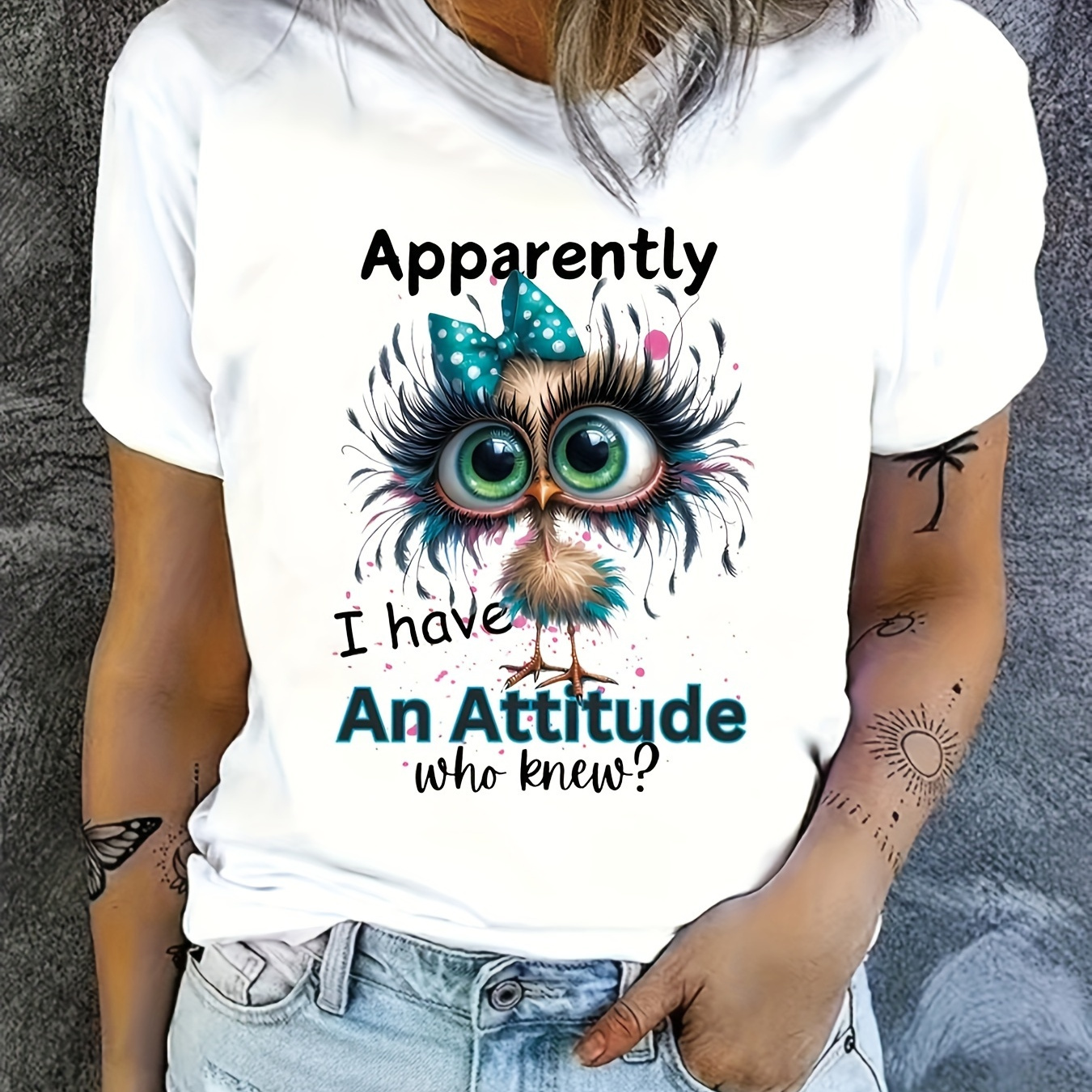 

Attitude Print Crew Neck T-shirt, Casual Short Sleeve Top For Spring & Summer, Women's Clothing