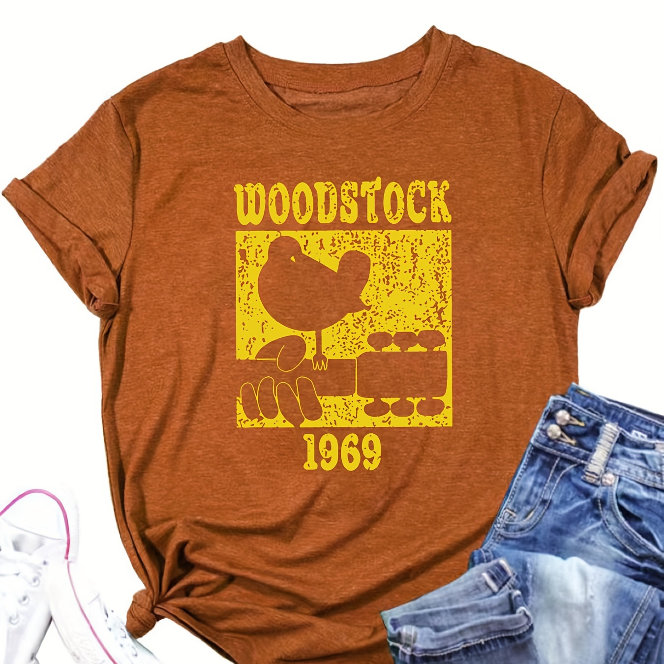 

T-shirt Woodstock 1969 pour femmes, haut décontracté à manches courtes et col rond, mélange polyester-rayon avec légère extensibilité, tissu tricoté à motif animal, coupe régulière pour toutes les