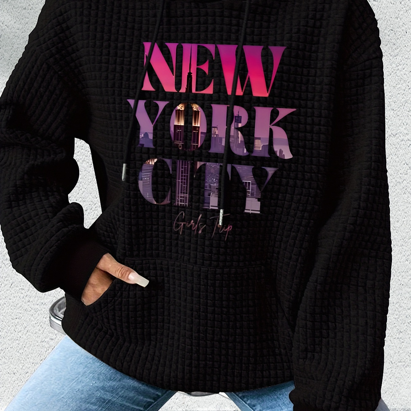 

New York City Name Printed Herringbone Long Sleeve Hoodie - Women's Fashion