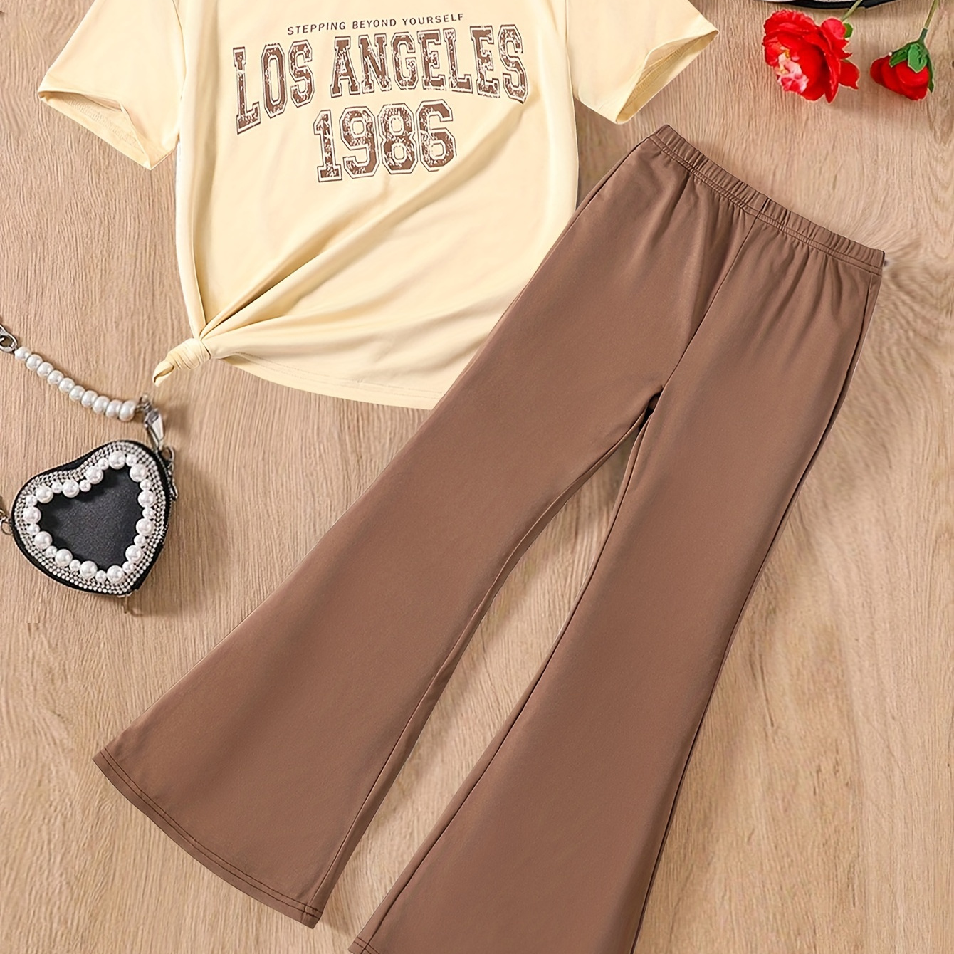 

2pcs, Girls Letter Print Short Sleeve T-shirt Top + Solid Flare Pants Set For Outdoor Gift