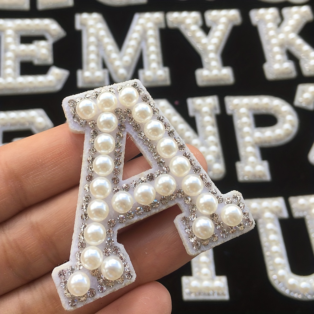 

26pcs A-z 1set 3d White Bottom Pearl Letter Patches English Alphabet Rhinestone Applique For Clothes Iron On Stripe Badge Diy Name, Ideal Choice For Gifts