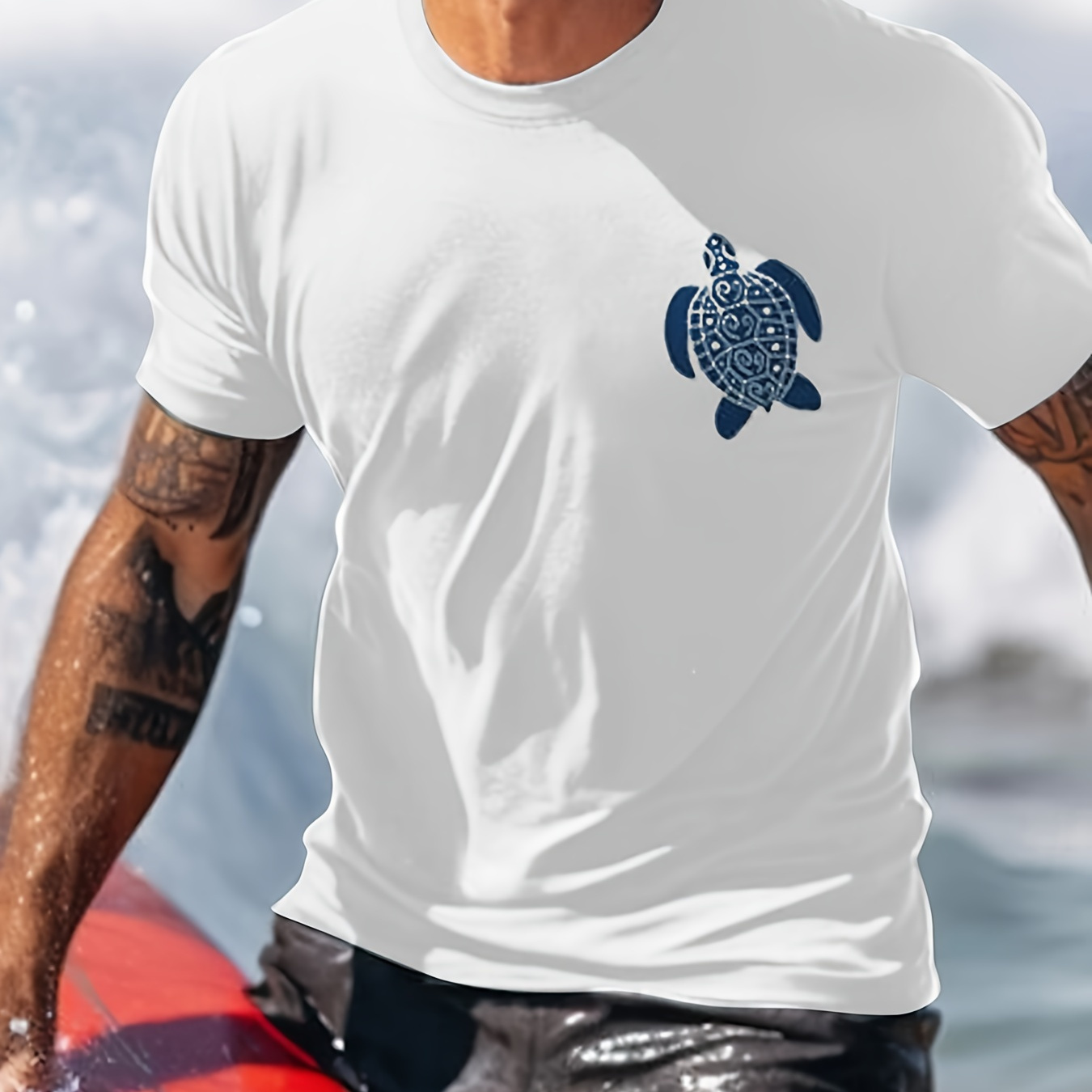 

Ethnic And Sketch Style Sea Turtle Pattern Crew Neck And Short Sleeve T-shirt, Casual And Trendy Tops For Men's Summer Daily Outerwear And Vacation Resorts