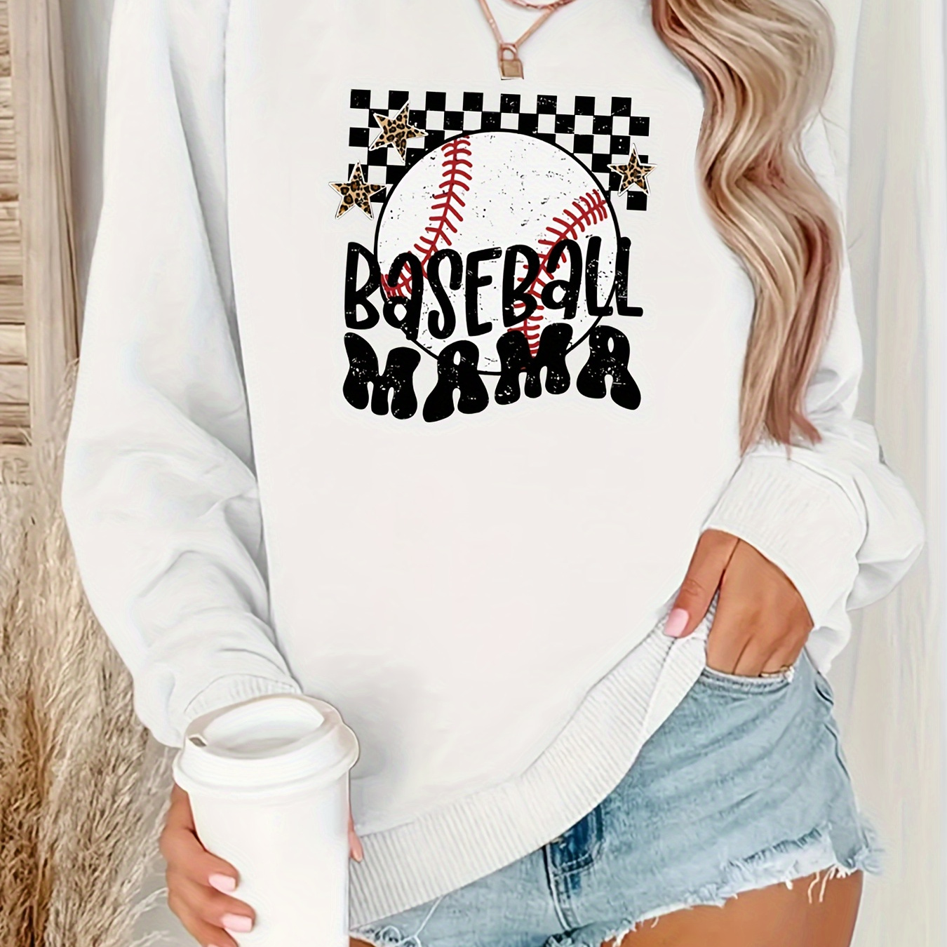 

Baseball Mama Print Sweatshirt, Casual Long Sleeve Crew Neck Sweatshirt, Women's Clothing