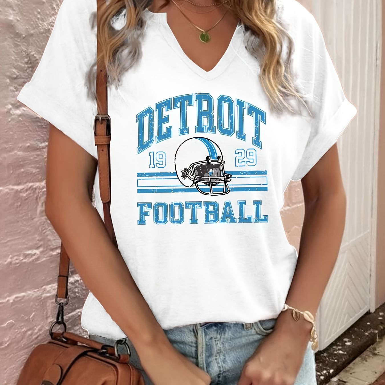 

Detroit 1929 Football Letter Print T-shirt, Short Sleeve V Neck Casual Top For Summer, Fashion Women's Clothing