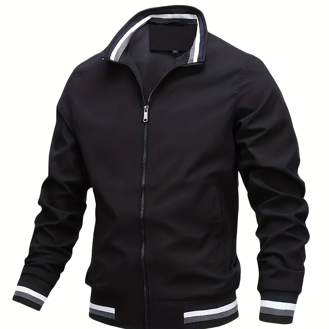 

Lightweight And Trendy Men's Long Sleeve Zipper Jacket With Stand Collar, Pockets And Pattern Pieces, Suitable For Spring And Autumn Outdoors Activities