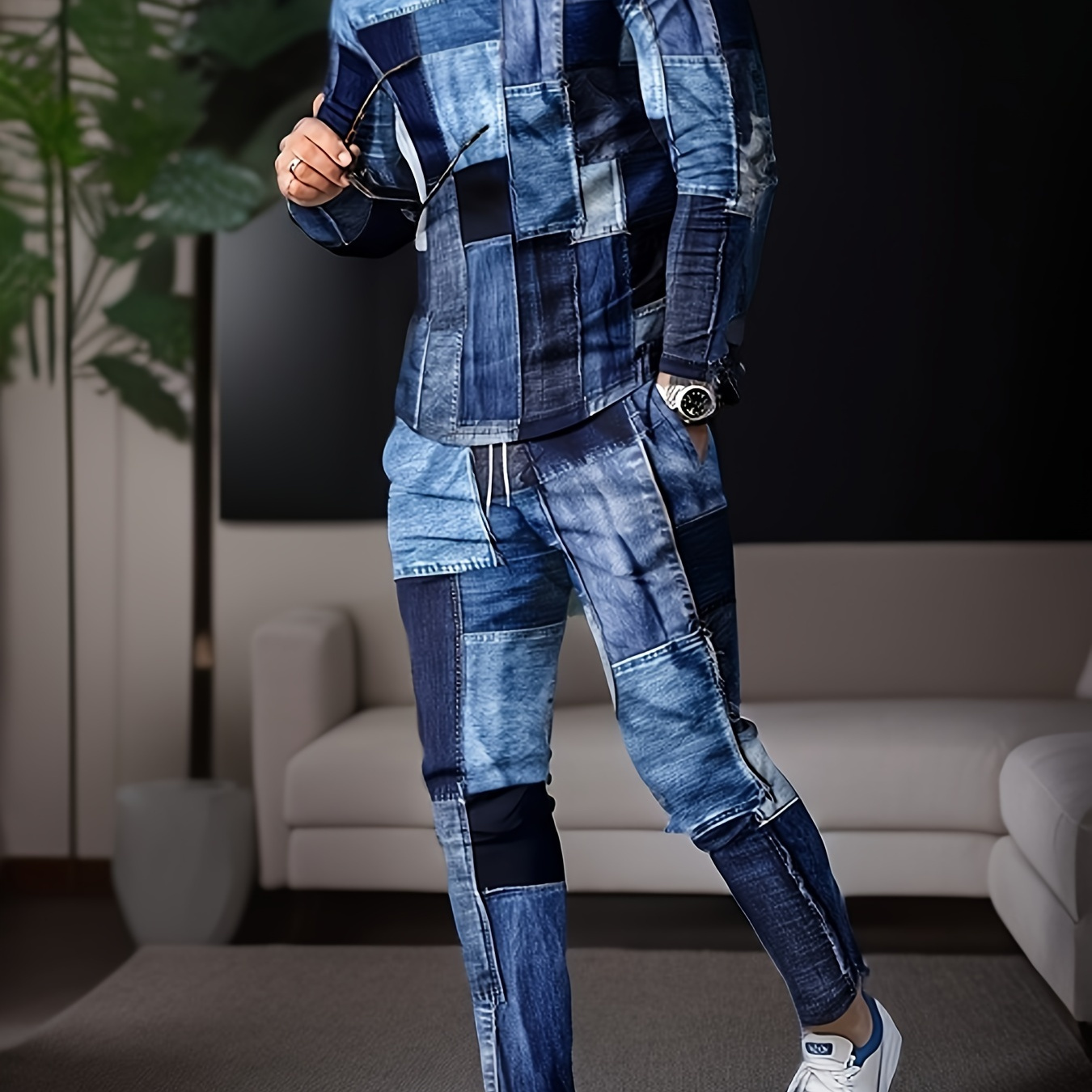 

2 Pcs Men's Trendy 3d Stitching Print Round Neck Long Sleeve & Trousers Pajama Set, Comfortable & Skin-friendly Style Pajamas For Men's Cozy Loungewear