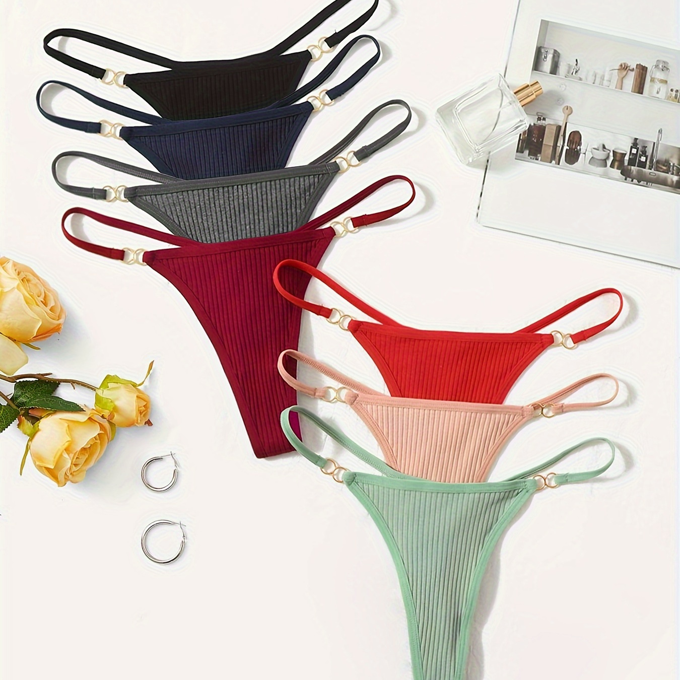 7pcs Ring Linked Ribbed Thongs, Low Waist Stretchy Intimates Panties,  Women's Lingerie & Underwear