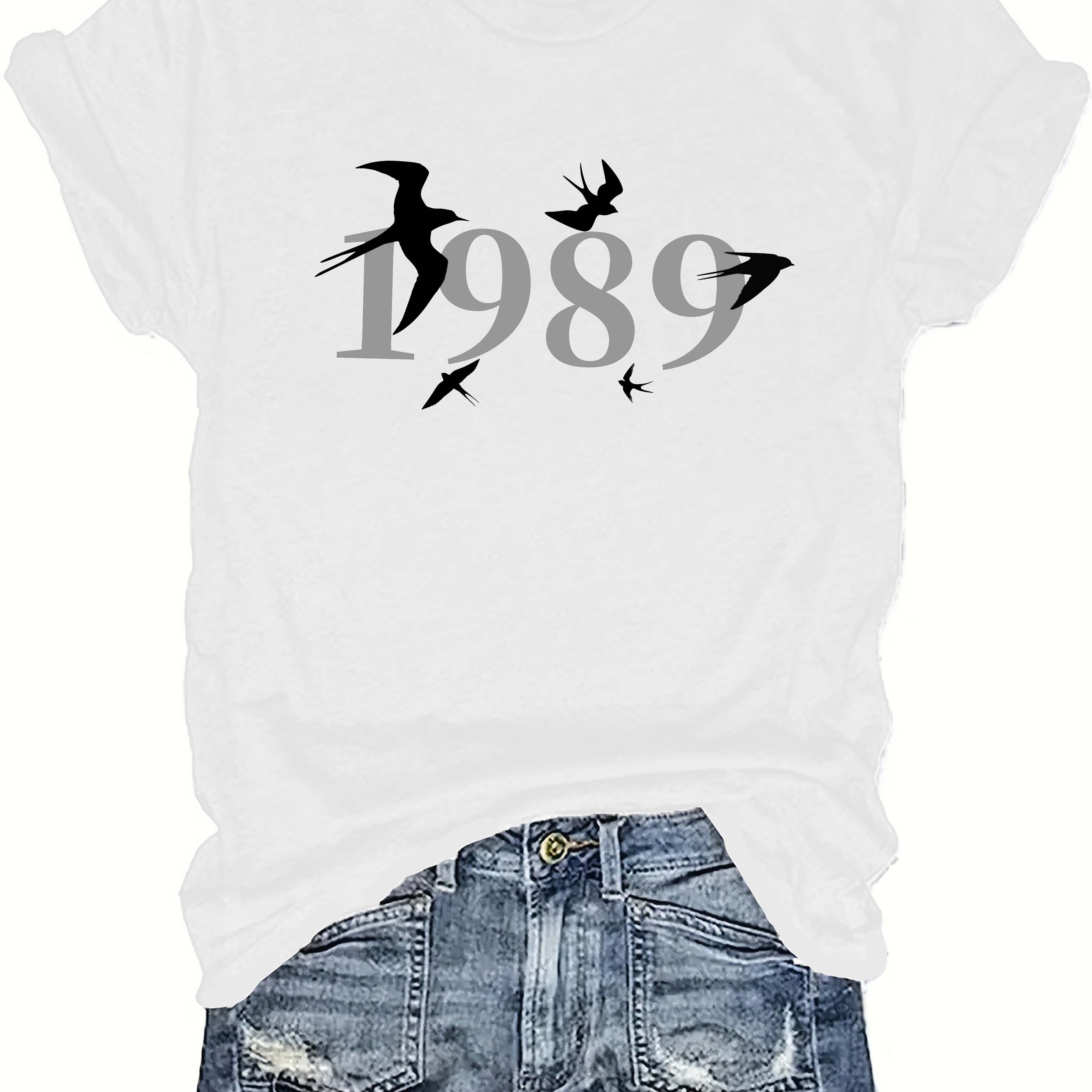 

1989 Letter & Animals Print T-shirt, Short Sleeve Crew Neck Casual Top For Summer & Spring, Women's Clothing