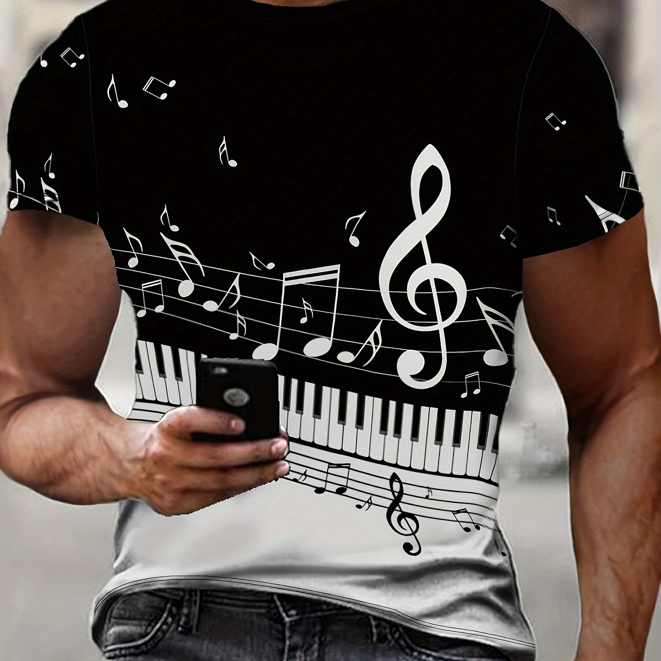 

Men's 3d Musical Note Print T-shirt - Casual Short Sleeve, Polyester , Crew Neck, Machine Washable - Black With White Keys & Treble Clef Design For Summer Outdoor Wear