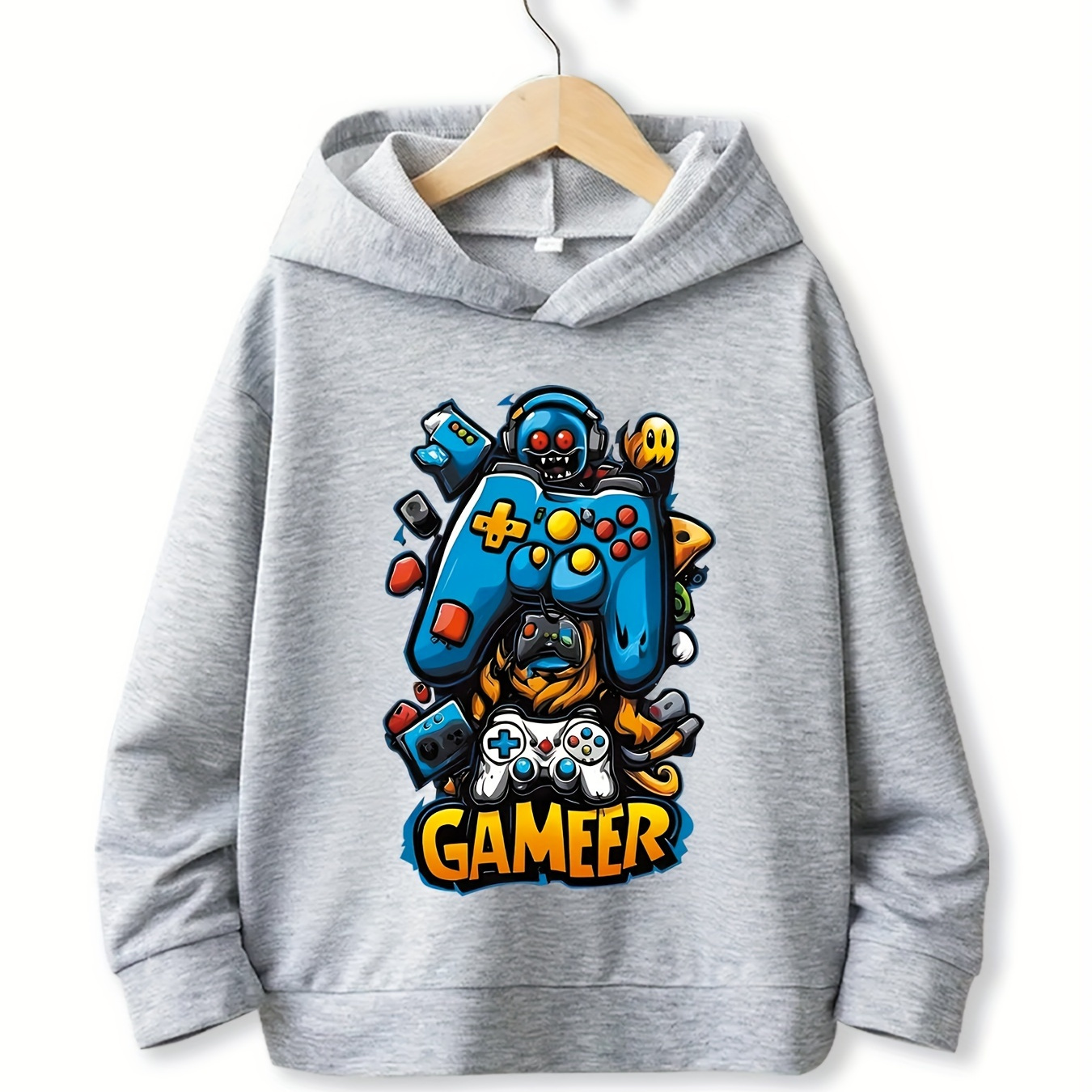 

Gamer Graphic Hoodie For Teens And Adults - Casual Polyester Blend Pullover With Stretch, Hooded With Geometric Game Controller Applique, Knit Fabric - Comfortable Fit For Fall/winter