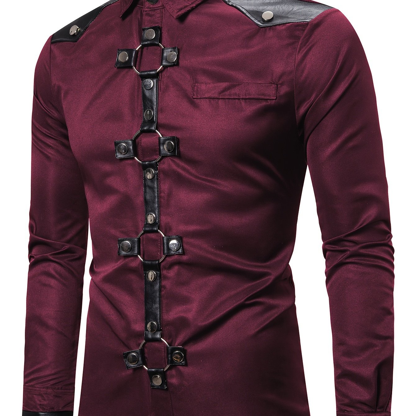 

Chemise homme style gothique manches longues décontractée, tissu polyester stretch, couleur unie, détail bouton, ajustement slim, col en V, mode nightclub toute