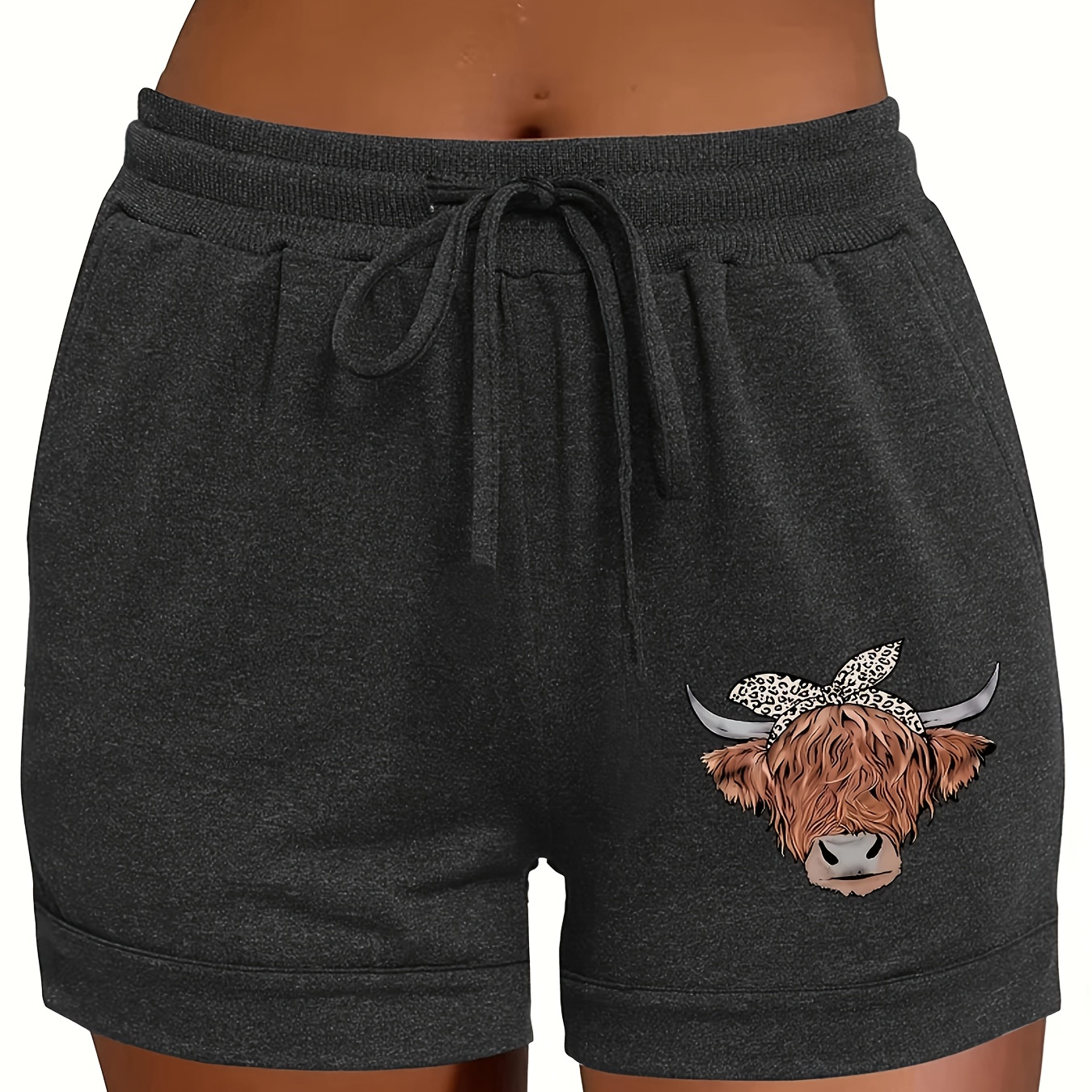 

Women's Quick-dry Yoga & Casual Sports Shorts - High-waisted, Stretchy, Gray With Cute Cow Print, Drawstring, Machine Washable