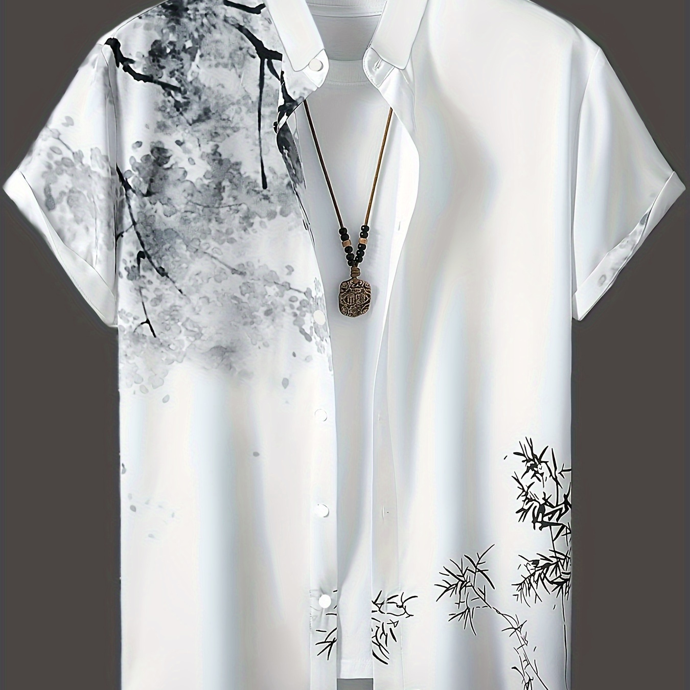 

Chinese Painting Pattern Print Men's Short Sleeve Button Up Stand Collar Shirt For Summer Resort Holiday, Hawaiian Style