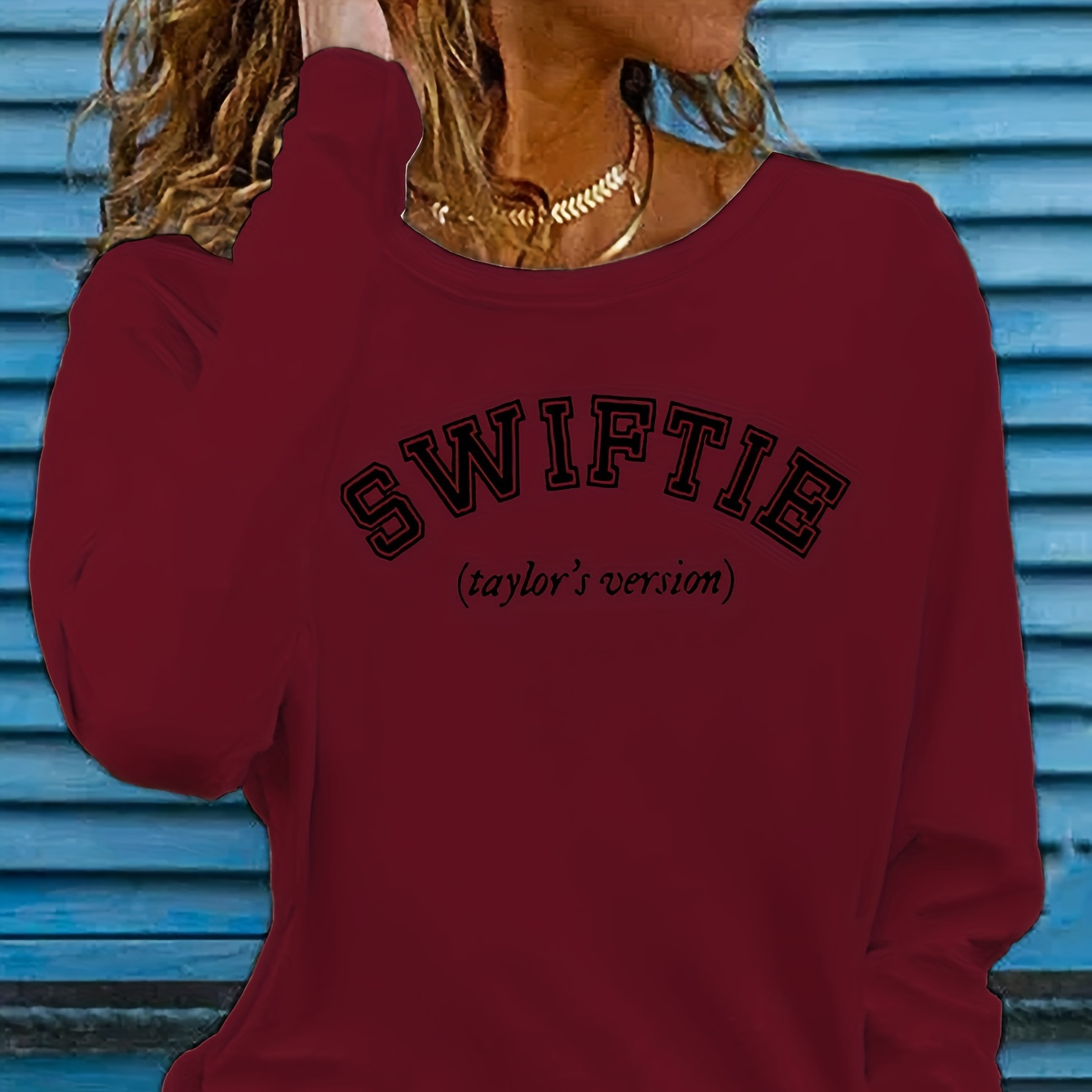 

Swiftie Letter Print Long Sleeve T-shirt - Casual Polyester Knit Fabric, Round Neck, Regular Fit, Pullover With Straight Sleeves