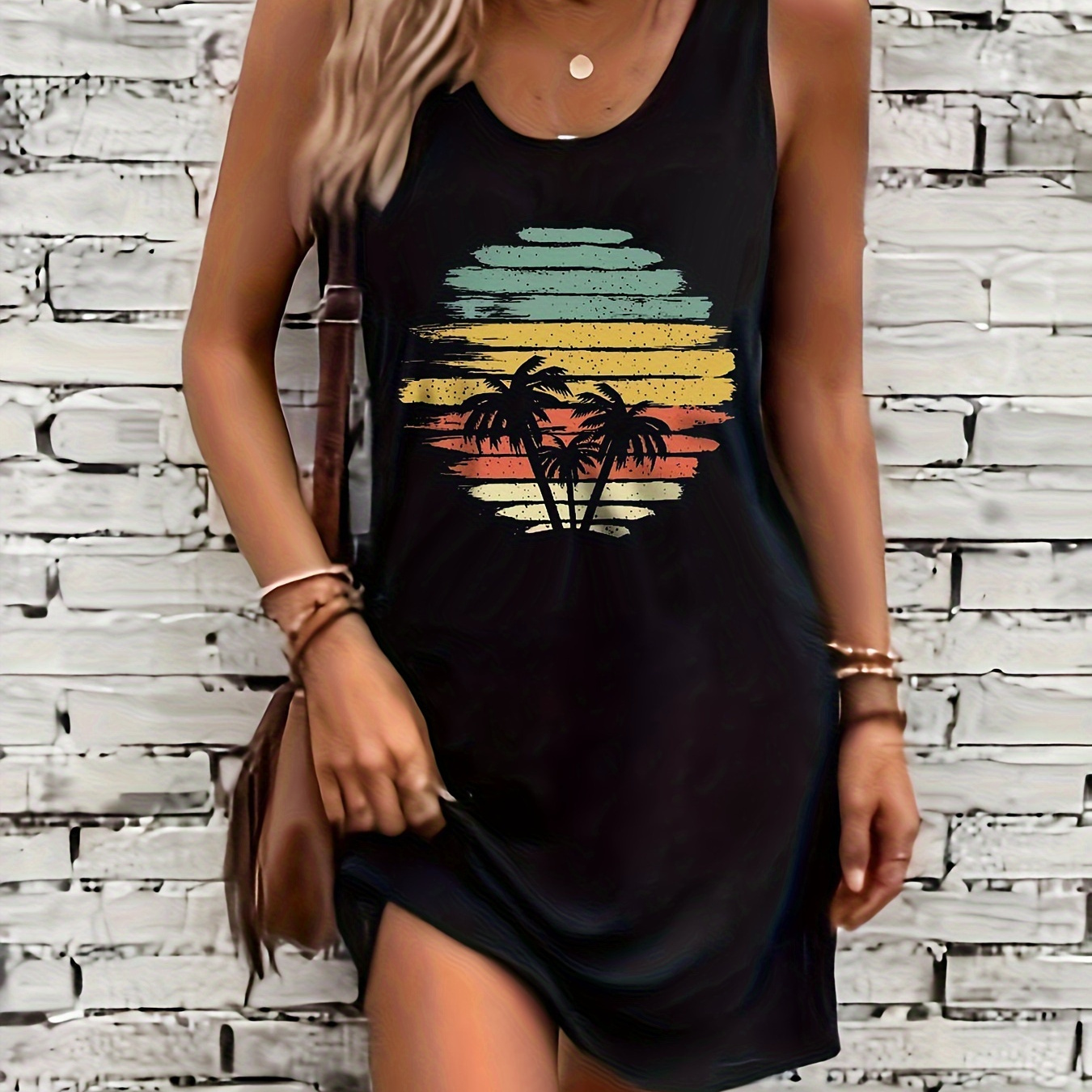 

Coconut Tree Print Crew Neck Tank Dress, Casual Sleeveless Dress For Spring & Summer, Women's Clothing