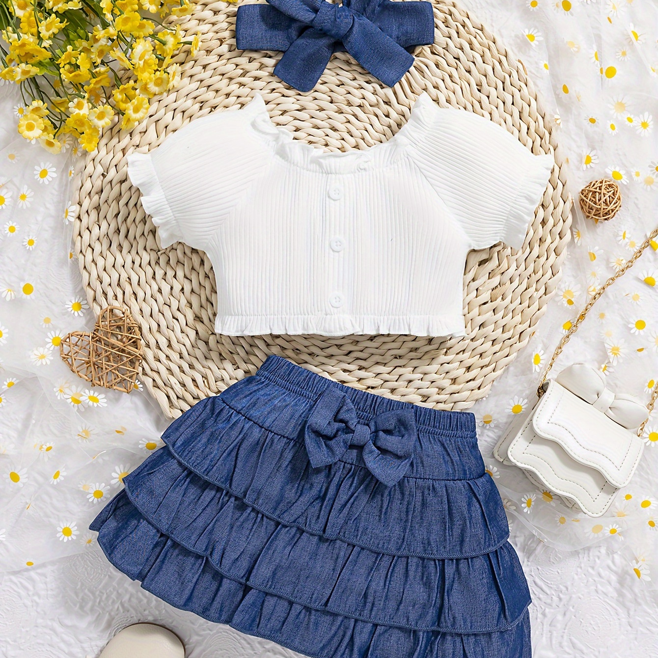 

Baby's 2pcs Casual Summer Outfit, Ribbed Puff Sleeve Top & Layered Skirt & Headband Set, Toddler & Infant Girl's Clothes