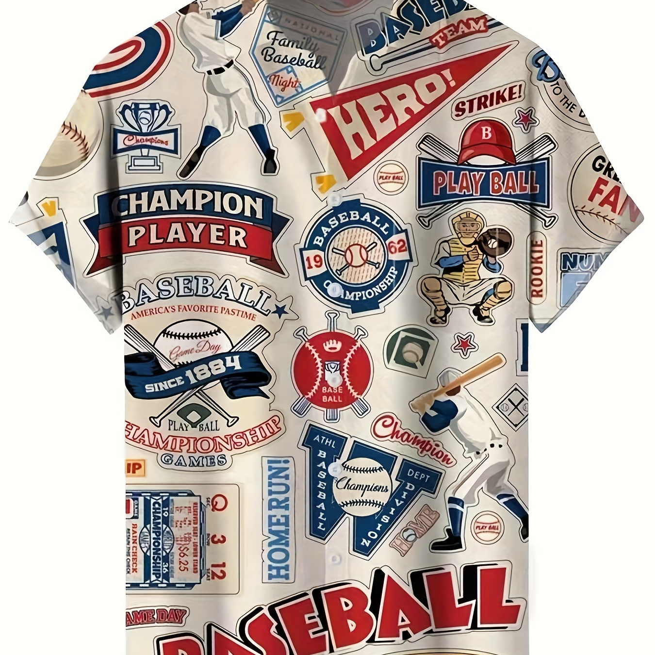 

3d Vintage Baseball Elements Pattern Print Men's Short Sleeve Button Up Lapel Shirt For Summer Holiday Resort, Hawaiian Style Shirt