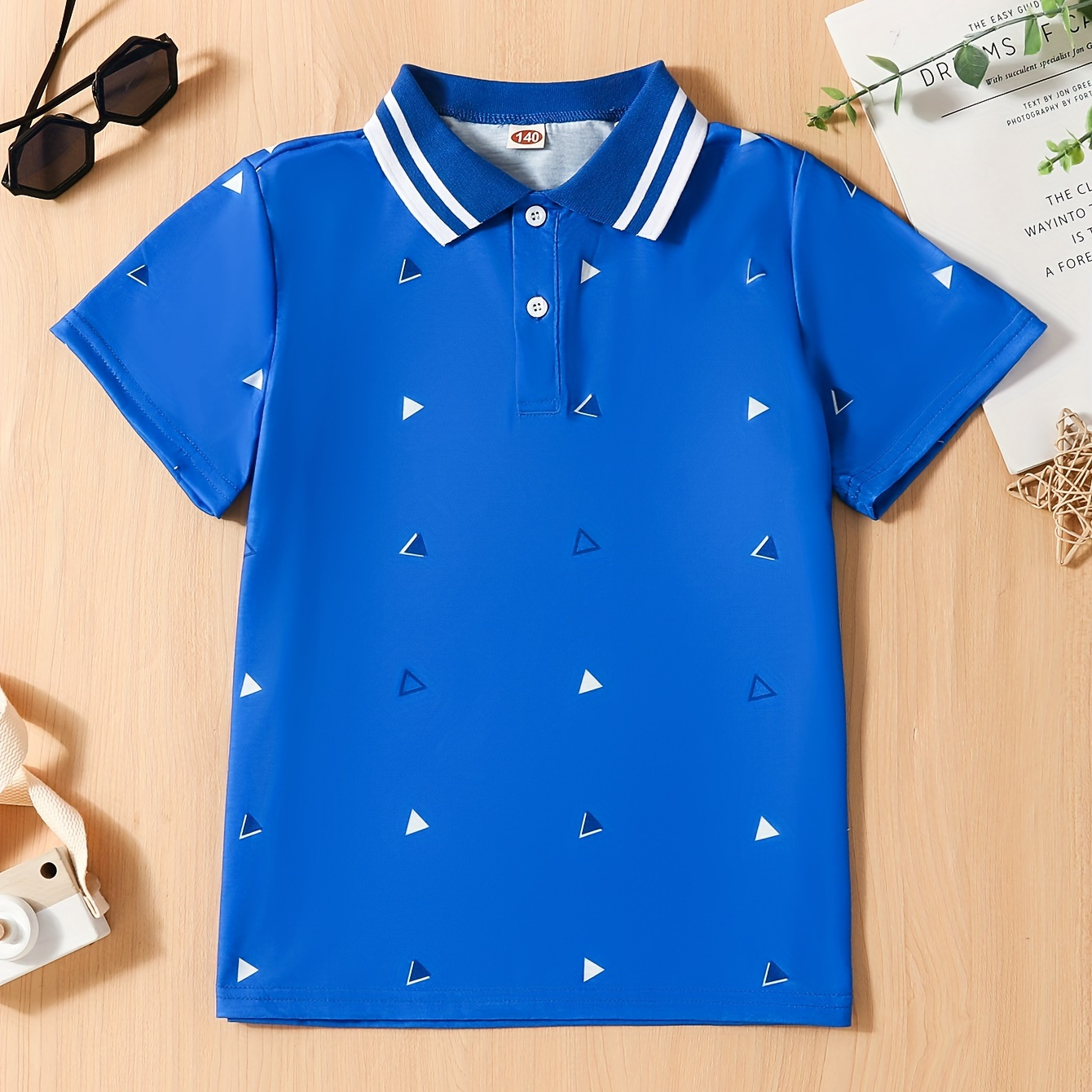 

Boys Triangle Pattern Print Lapel Shirt, Kids Toddler Short Sleeve Comfy Summer Spring Clothes