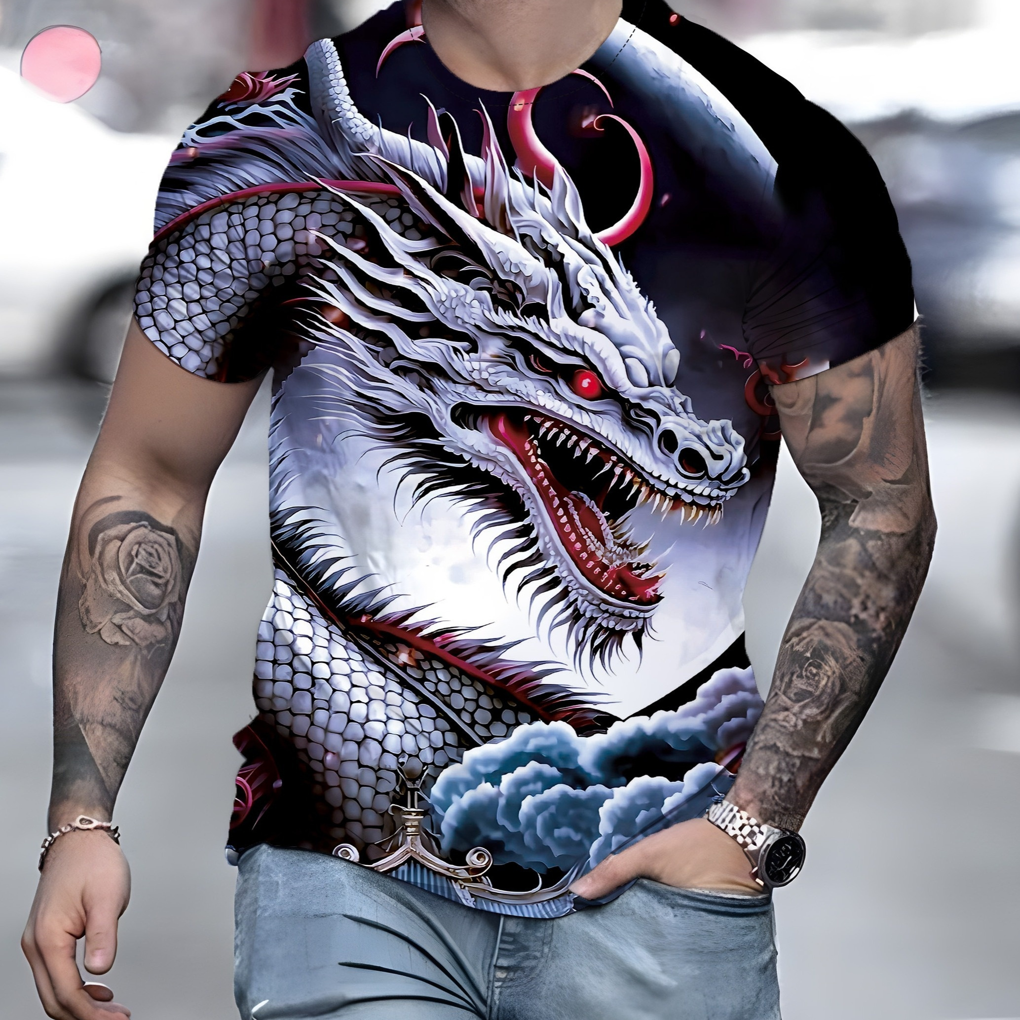 

Cool Anime Dragon 3d Graphic Print Men's Novelty Short Sleeve Crew Neck T-shirt, Summer Outdoor