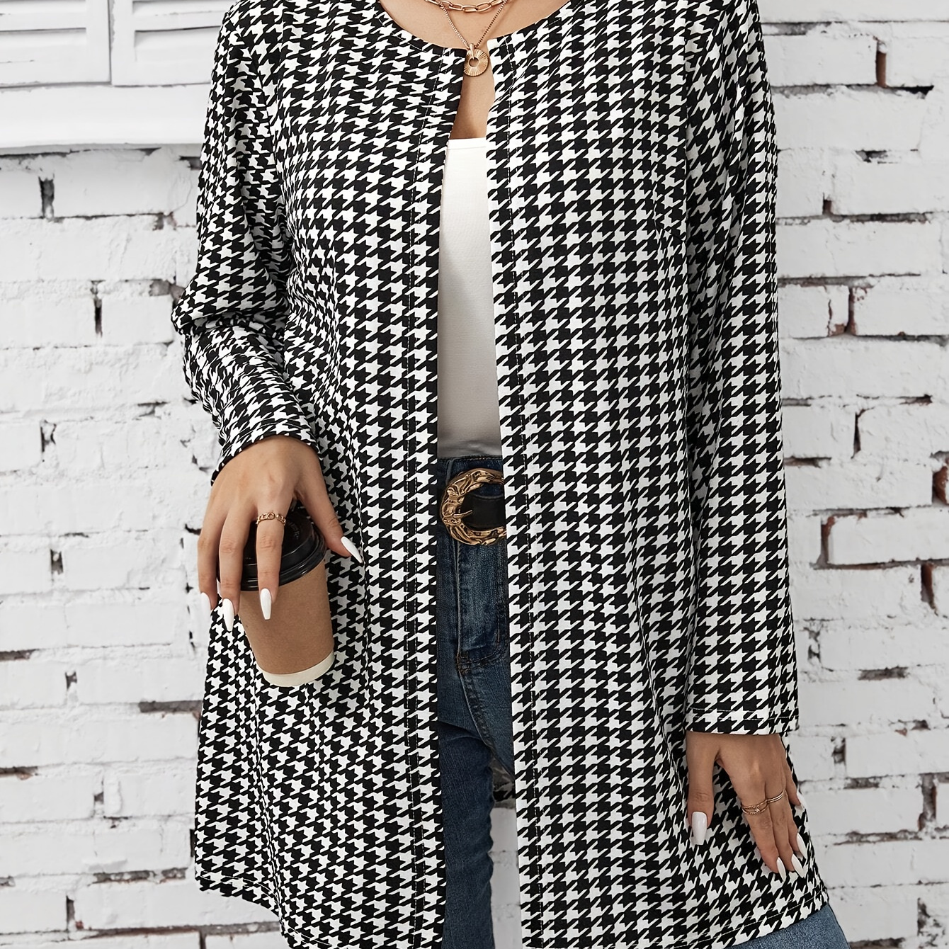 

Plus Size Houndstooth Pattern Open Front Coat, Elegant Long Sleeve Coat For Fall & Winter, Women's Plus Size Clothing