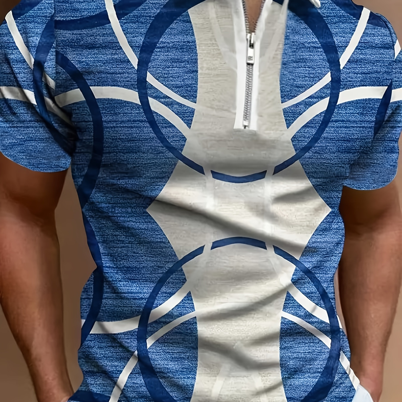 Geometric Print Casual Slightly Stretch Zipper Up Short Sleeve Shirt, Men's clothes For Summer