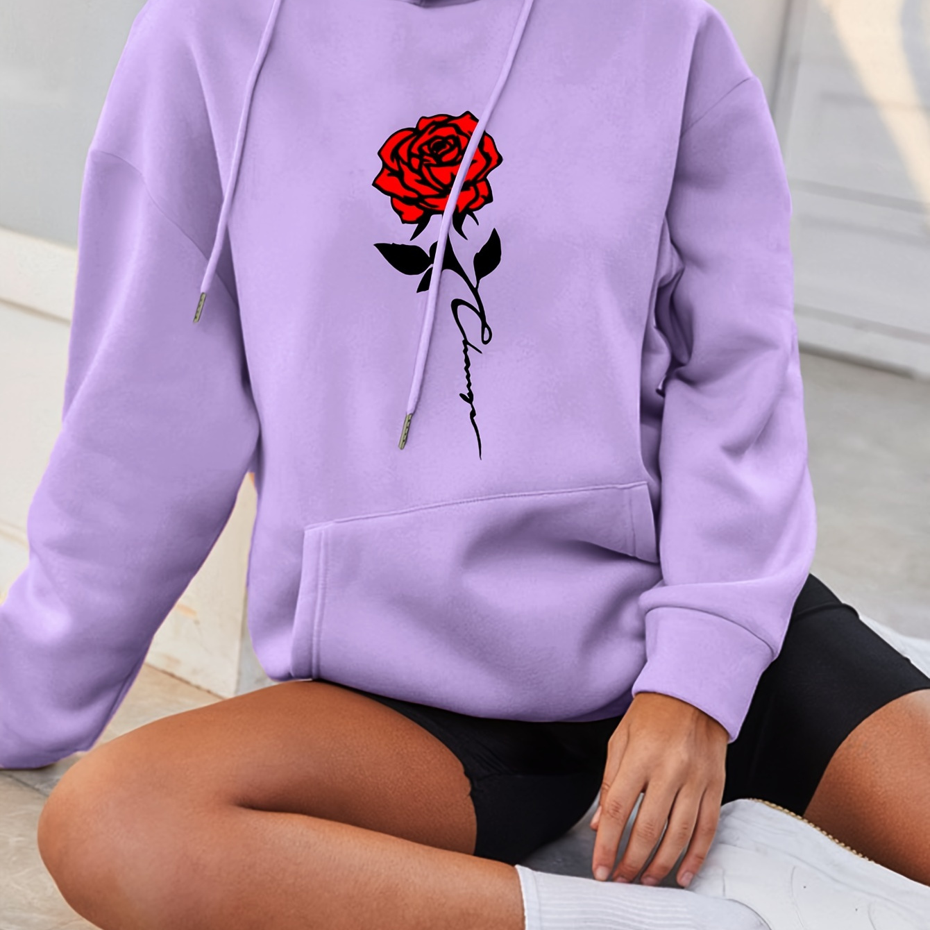 

Women's Casual Floral Print Hoodie, 100% Polyester Knit Fabric, With Drawstring Hood And Pocket Detail, For Fall/winter, Oversized Hoodie