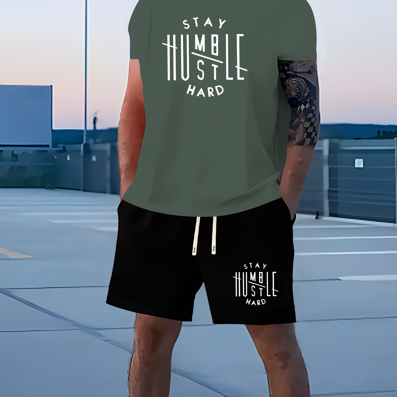 

Stay Humble Men's 2pcs Trendy Outfits Casual Crew Neck Short Sleeve T-shirt & Drawstring Shorts Co Ord Set For Spring Summer Workout Men's Print Clothing