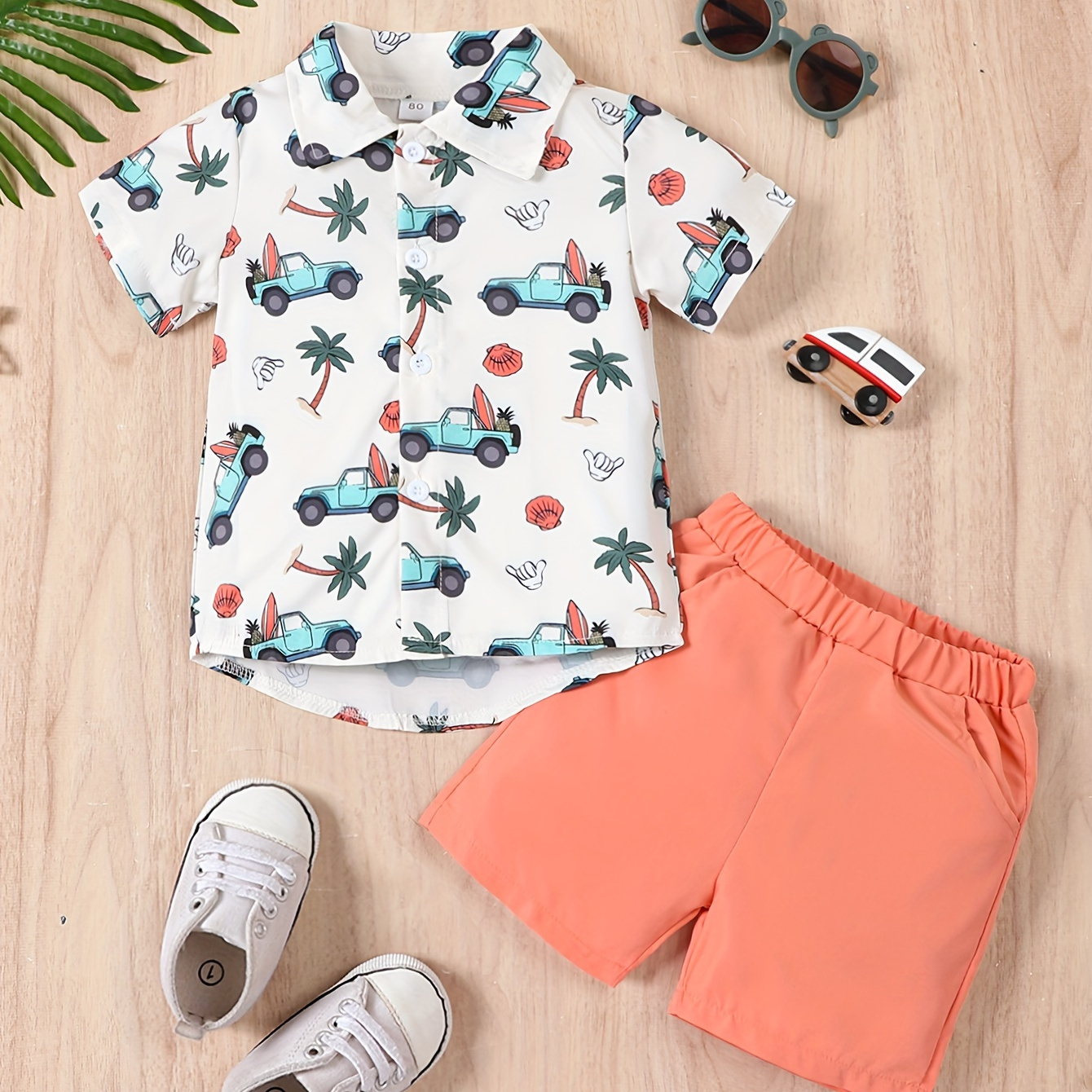 

2pcs Toddler's Vacation Car & Coconut Tree Print Summer Set, Short Sleeve Shirt & Casual Shorts, Baby Boy's Clothes