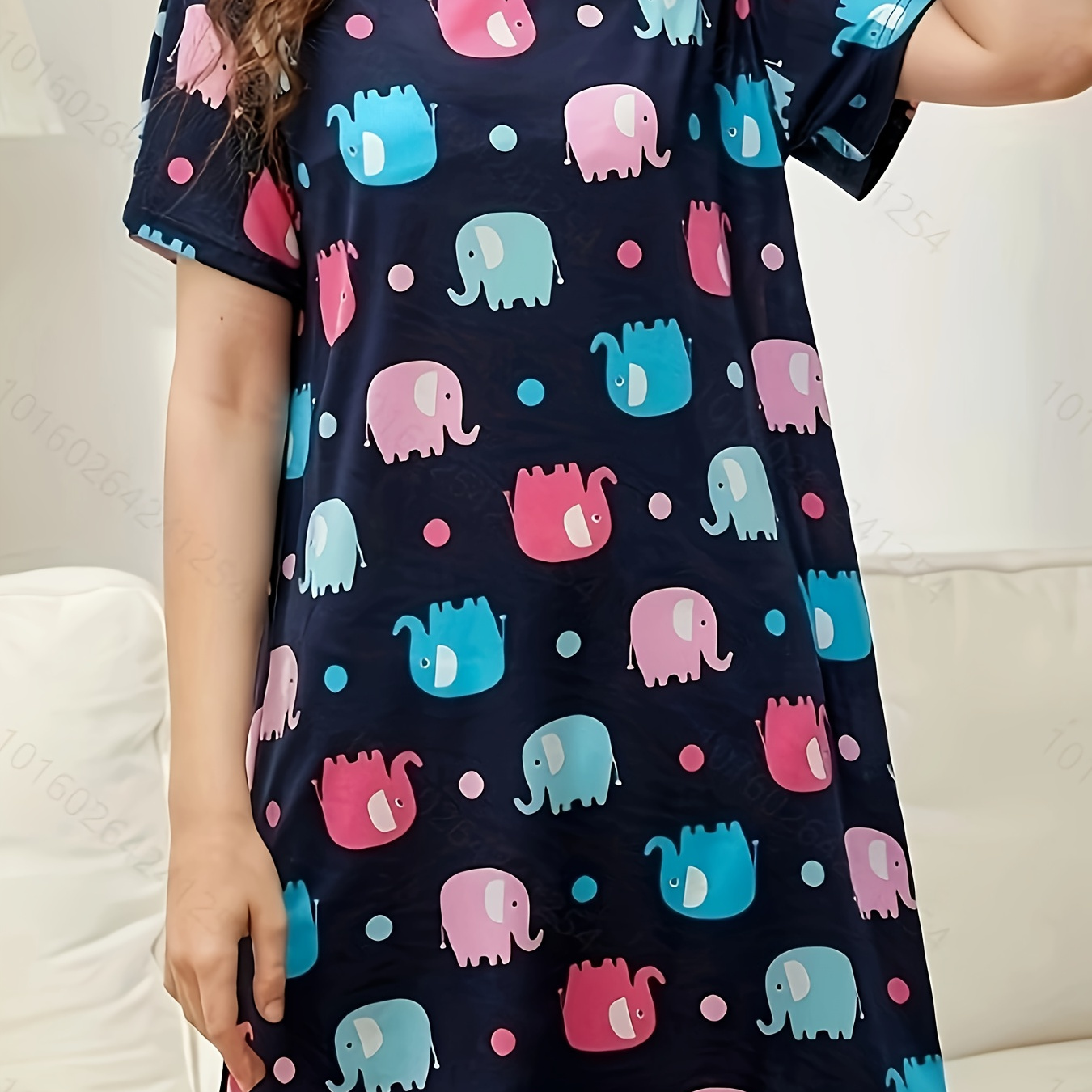 

Women's Allover Cartoon Elephant Print Casual Sleepwear Dress, Short Sleeve Round Neck Tee Dress, Comfortable Nightgown