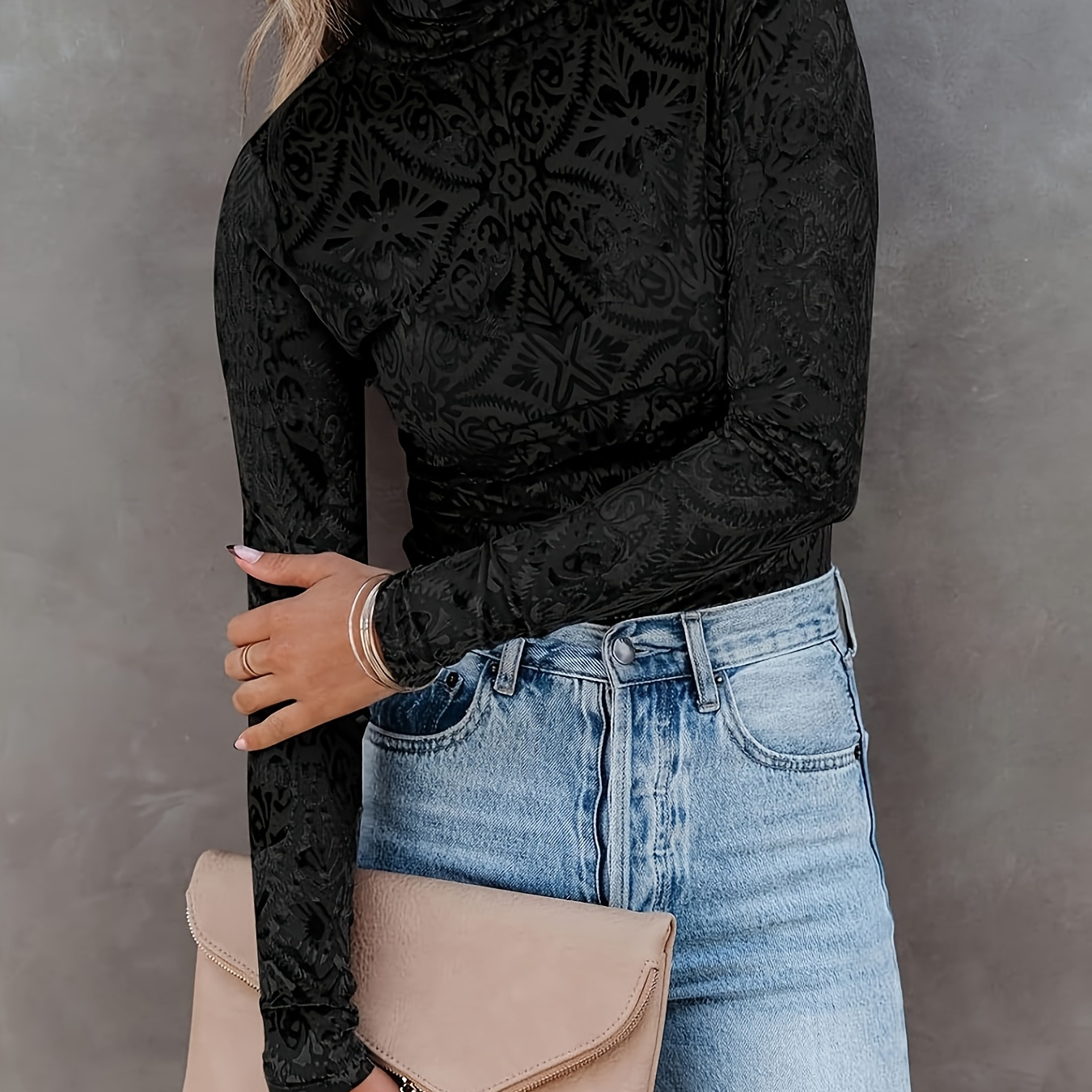 

High Collar Elastic Flower Long Sleeve Top