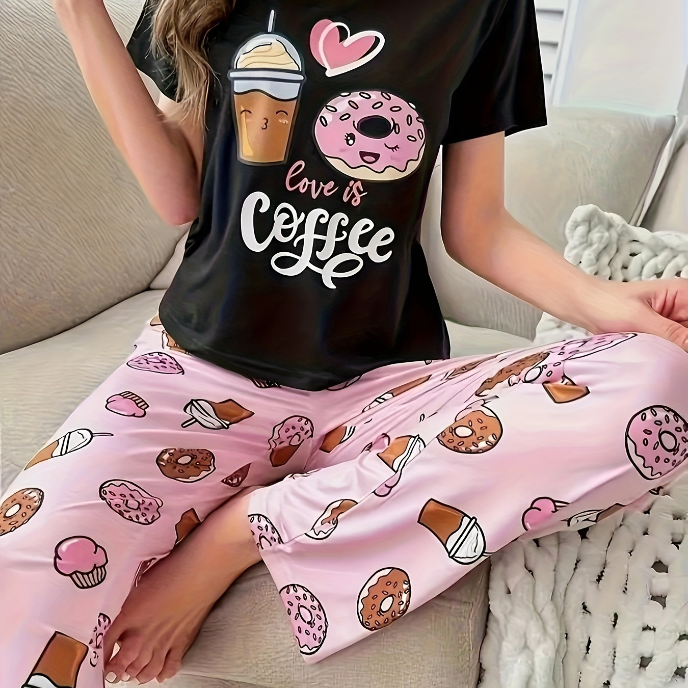 

Ladies' Pajama Set With Geometric Donut Pattern - Relaxed Style, Polyester Blend, Long Pants, Adult Size