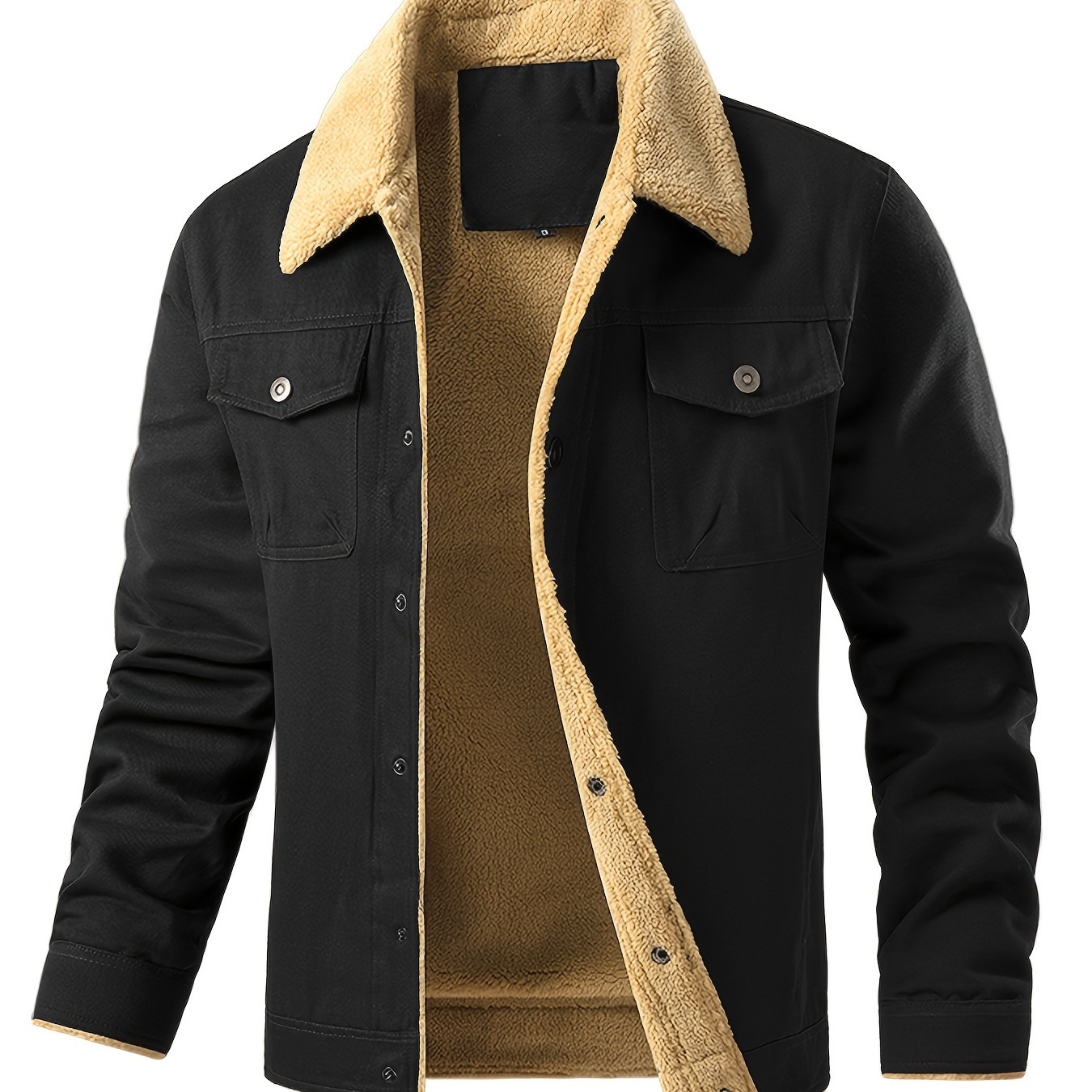 

Men' Fleece-lined Jacket, Casual Workwear Outerwear With Sherpa Collar, Button-up, Multiple Pockets